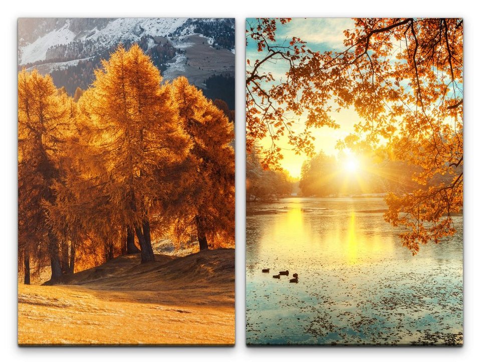 Sinus Art Leinwandbild 2 Bilder je 60x90cm Bäume See Enten Natur  Sonnenuntergang Entspannend Seelenfrieden