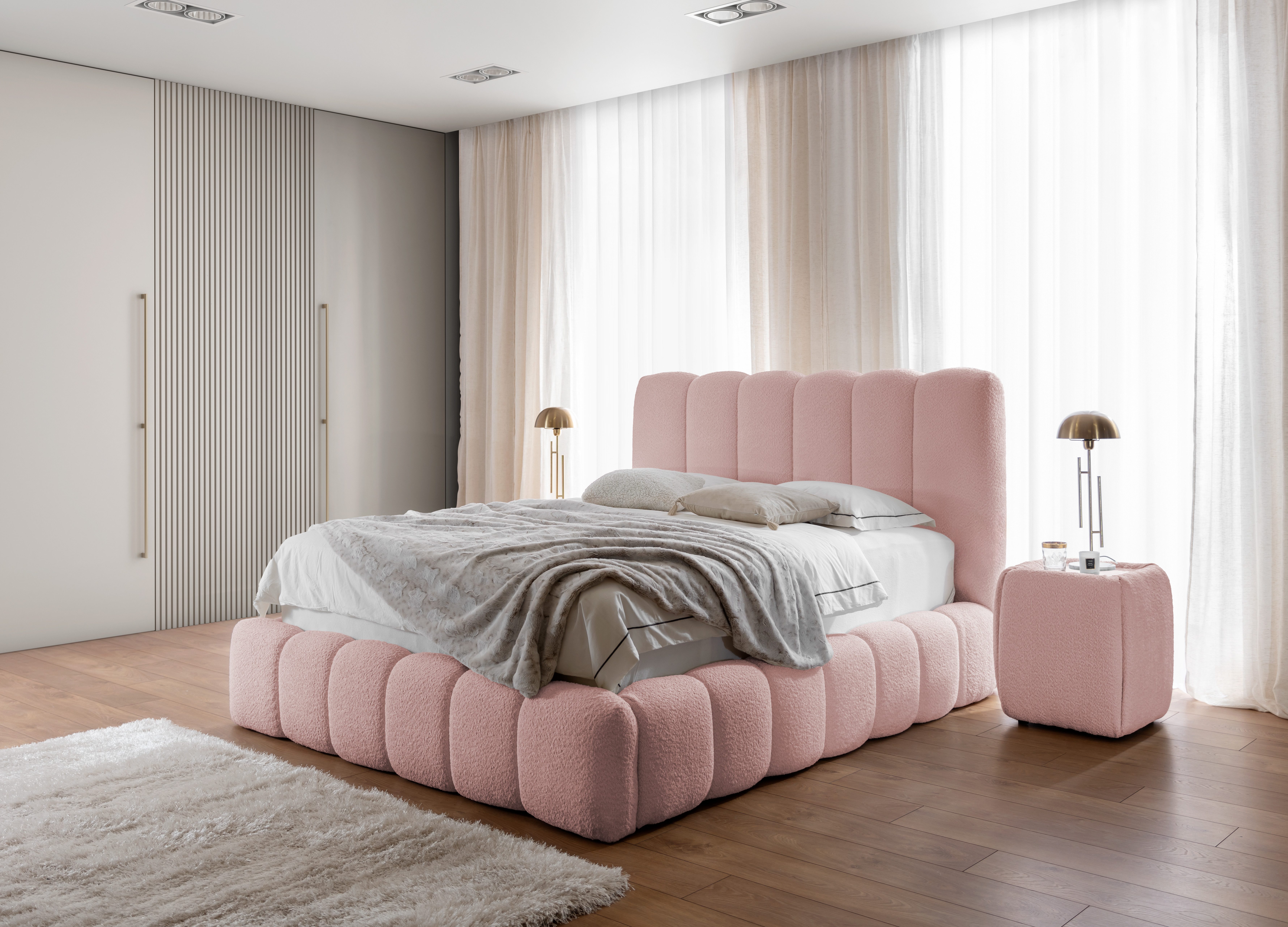 yourhouse24 Polsterbett Cande mit Bettkasten (Bettgestell mit Lattenrost), Bouclé-Stoffbezug, Gepolstertes Kopfteil, Wolkenbett