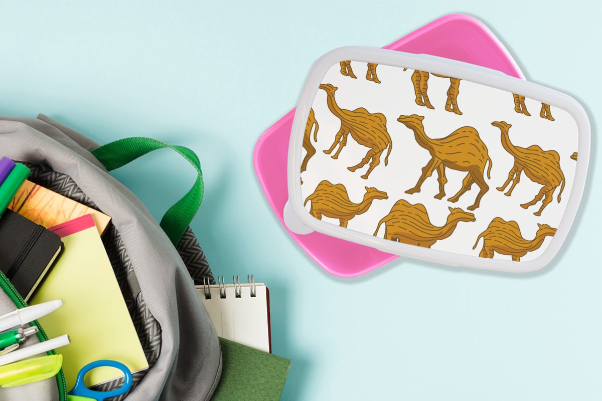 für Kamel Erwachsene, - Mädchen, Kinder, - Holz Kunststoff MuchoWow Snackbox, (2-tlg), Brotdose Muster, rosa Brotbox Lunchbox Kunststoff,