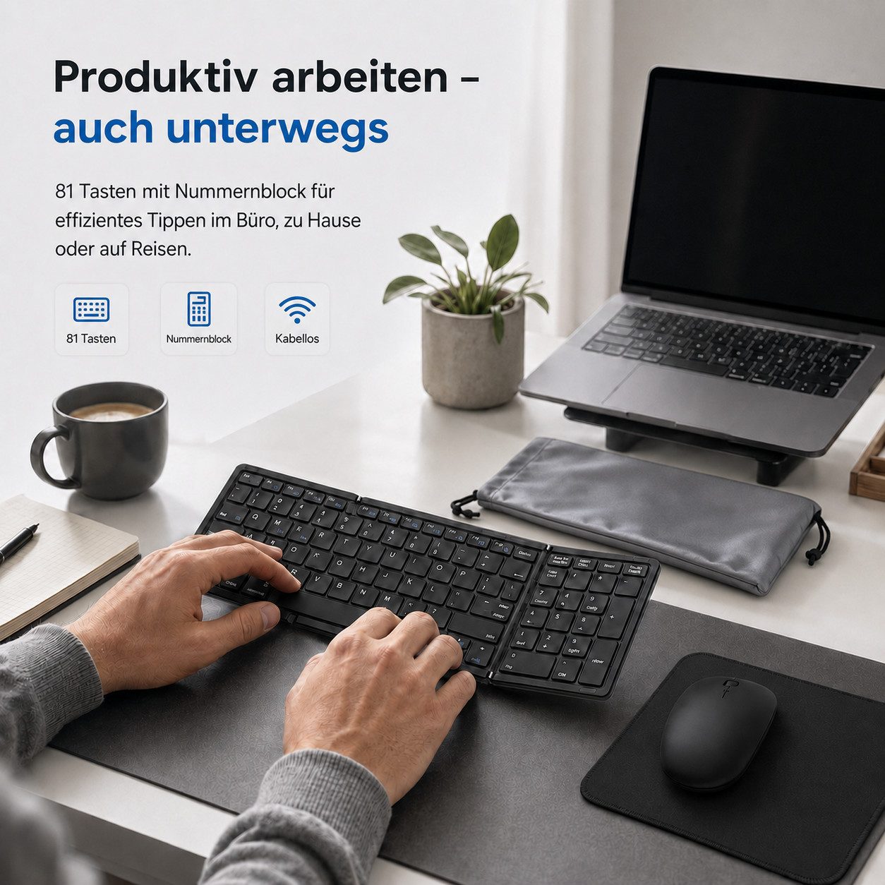 Tekoo Faltbare Bluetooth-Tastatur mit Maus, kabelloses Tastatur-Set Tastatur- und Maus-Set, (Tastatur-Maus-Set, 4-teiliges Set), Multi-Device-Verbindung für bis zu 3 Geräte