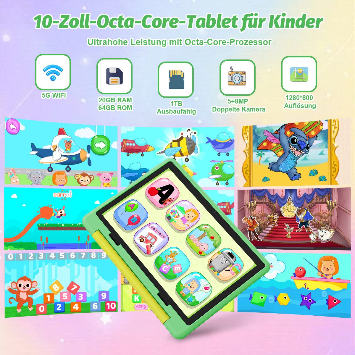 BUFO 10 Zoll 24(3+21)GB RAM+64GB ROM 1280x800 HD-Display Android16 Kinder Tablet (10,1", 64 GB, Android 16, WIFI, Anti-Blaulicht, Vorinstallierte Kinder Lernsoftware, Robustes Design)