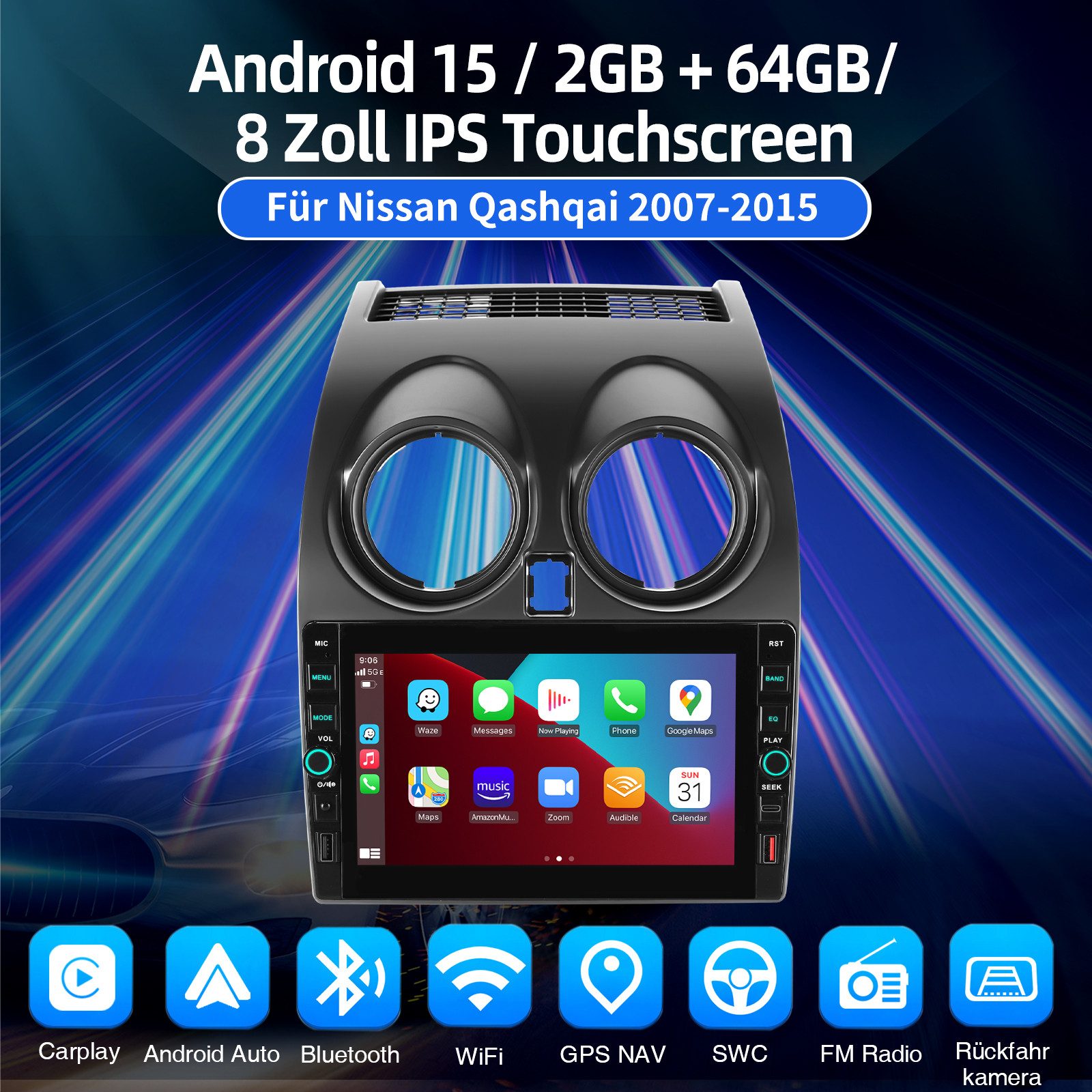 ESSGOO Für Nissan Qashqai J10 07-15 Android 15 Carplay Autoradio GPS Navi USB Autoradio (RDS, 4+64GB(optional), Digitalradio (DAB), FM, SWC, Apple Carplay Android Auto GPS Navi WIFI BT EQ mit USB und Type-C)