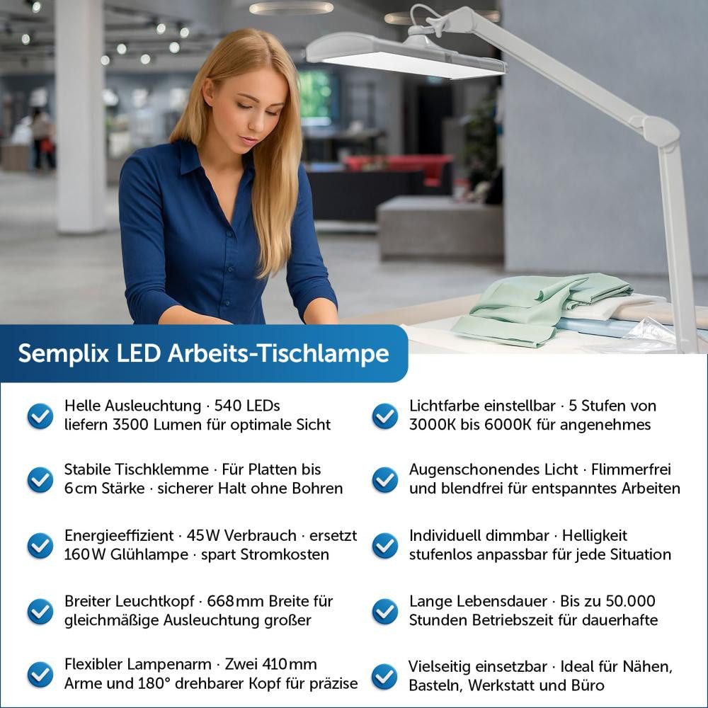 Semplix LED Arbeitslicht - Arbeits-Tischlampe (540 LED / dimmbar / Tischklemme), dimmbar, LED fest integriert