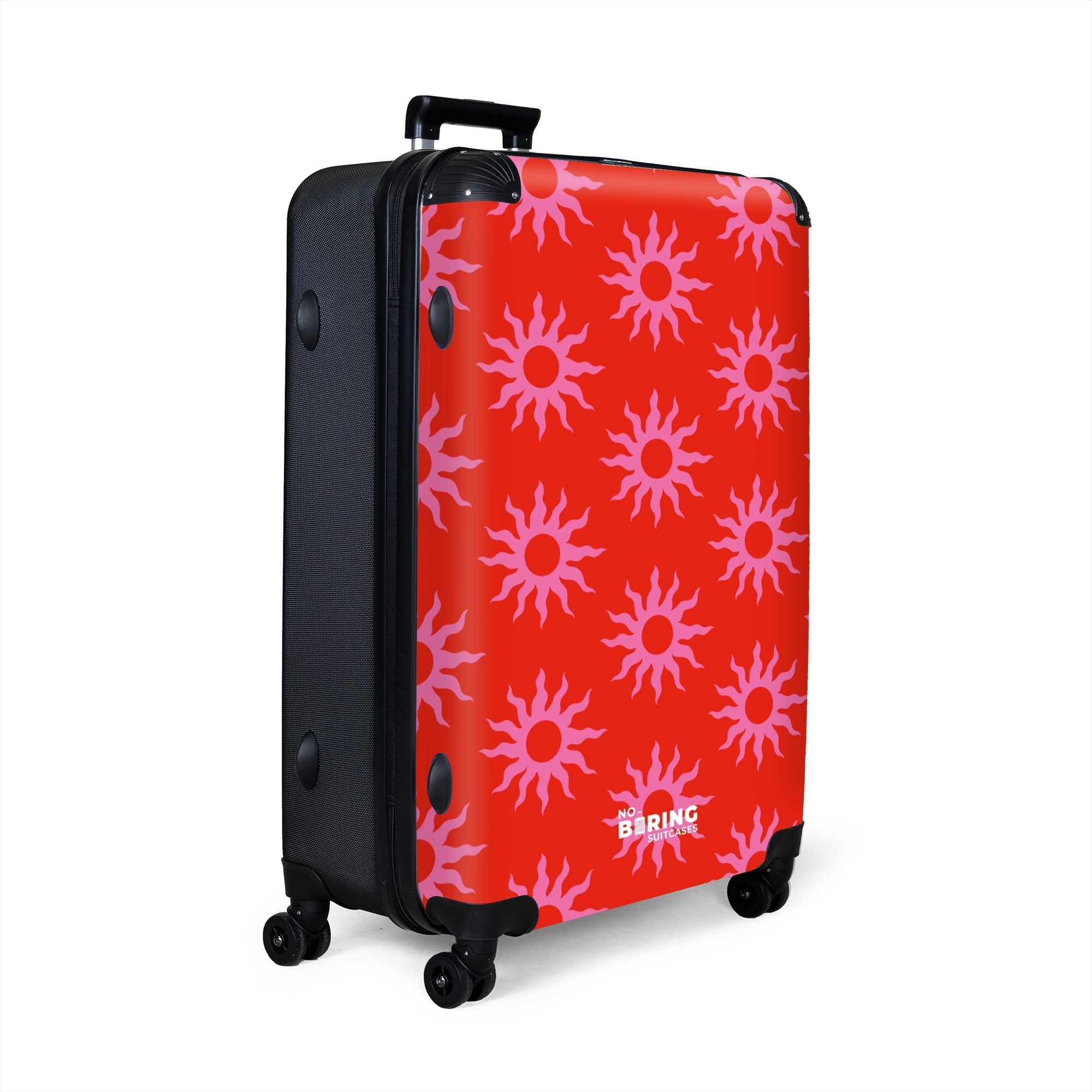 NoBoringSuitcases.com© Hartschalen-Trolley Rot mit rosa Sonnen günstig online kaufen