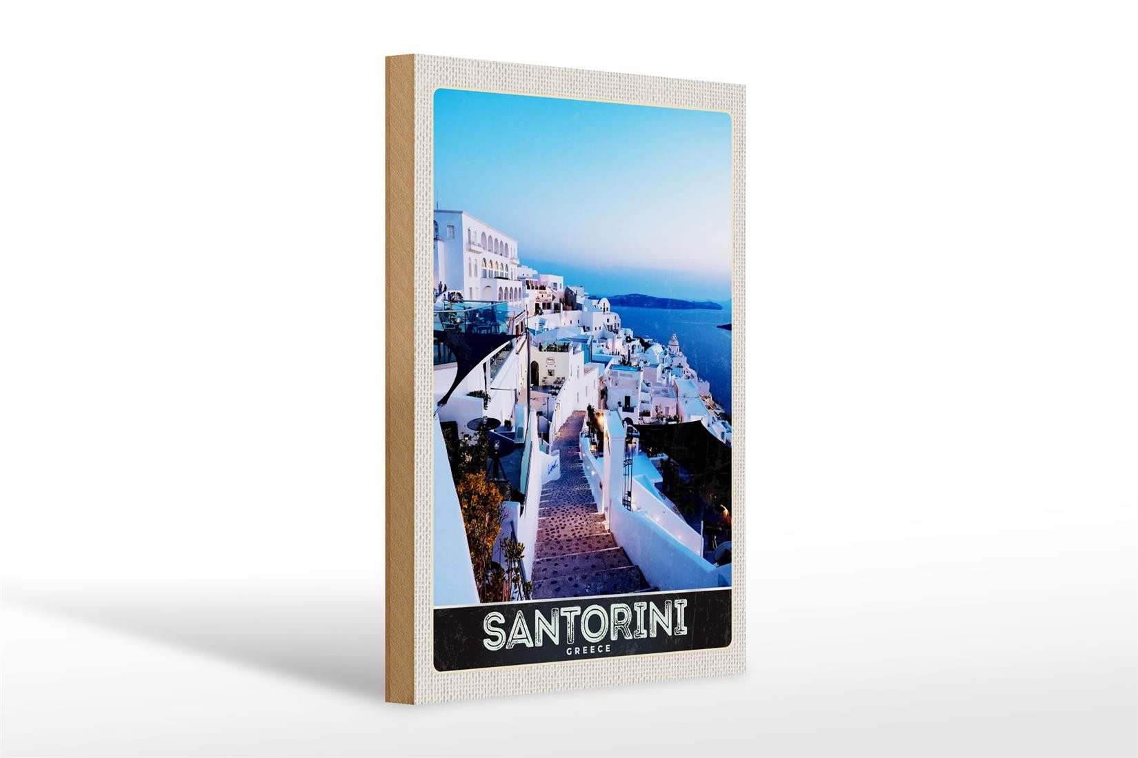 Holzbild Reise 20x30cm Santorini Insel weiße Häuser Urlaub