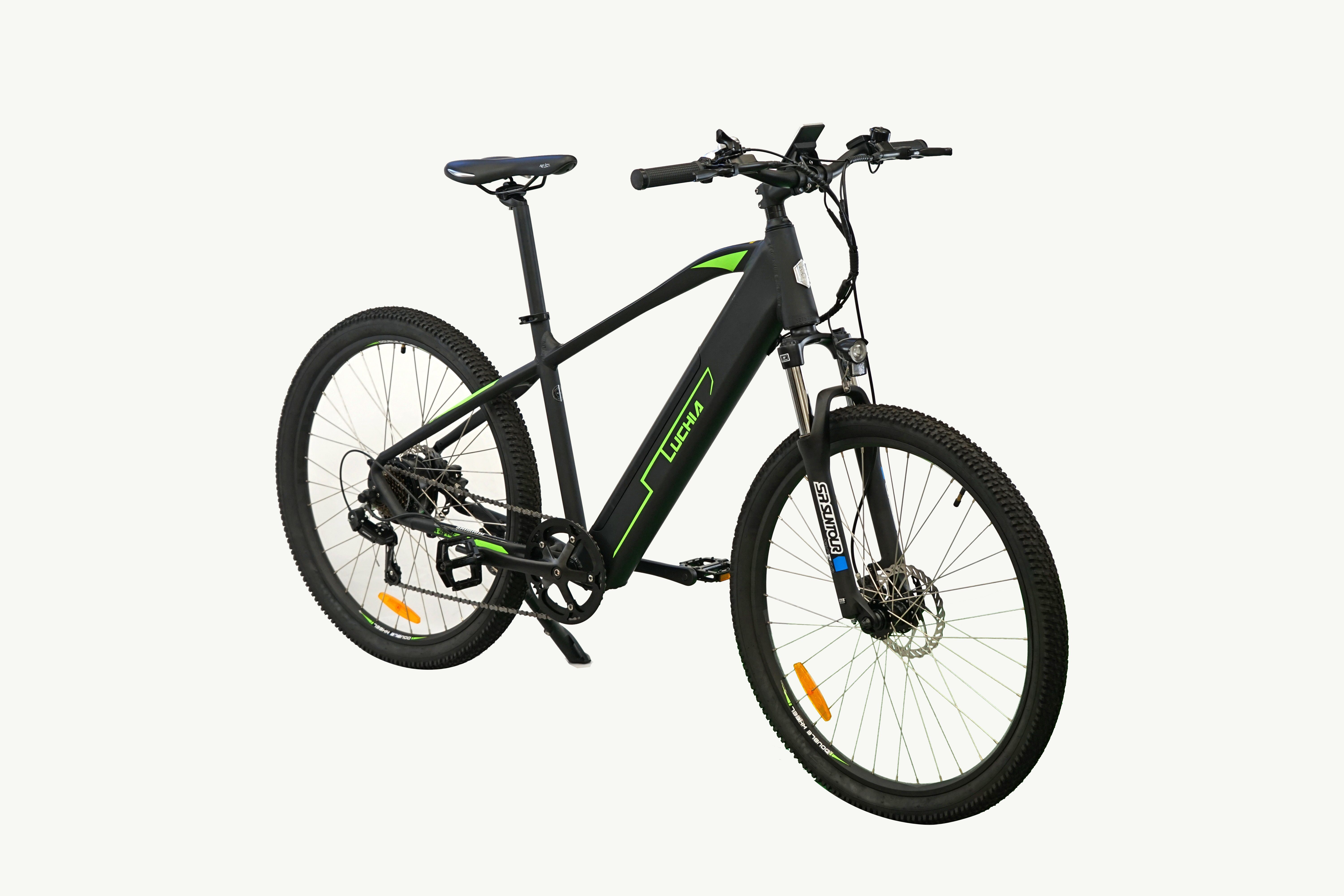 E-Bike Mountainbike, SPICA, (Packung, 10°, Akku, mit Gang Max. Steigfähigkeit 155-198cm, 3,6" Akku-Ladegerät, Heckmotor, mit 25km/h, 7 360 LCD-Display, Max. LUCHIA Shimano, Fahrergröße 130kg, , Wh bis Werkzeug), 181×110×70,5cm IP54