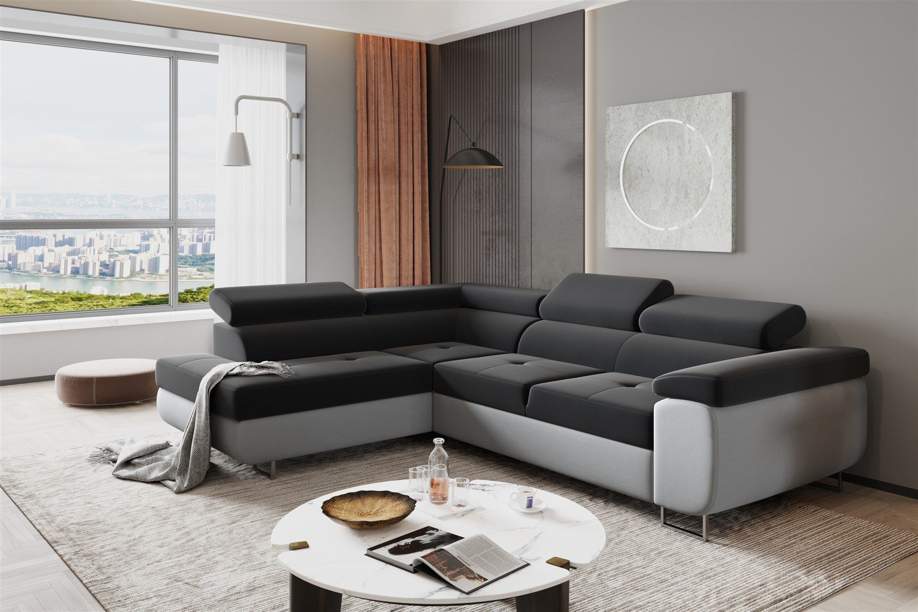 Fun Möbel Ecksofa Couchgarnitur JADE Stoff Hellgrau-Anthrazit Schlaffunktio günstig online kaufen