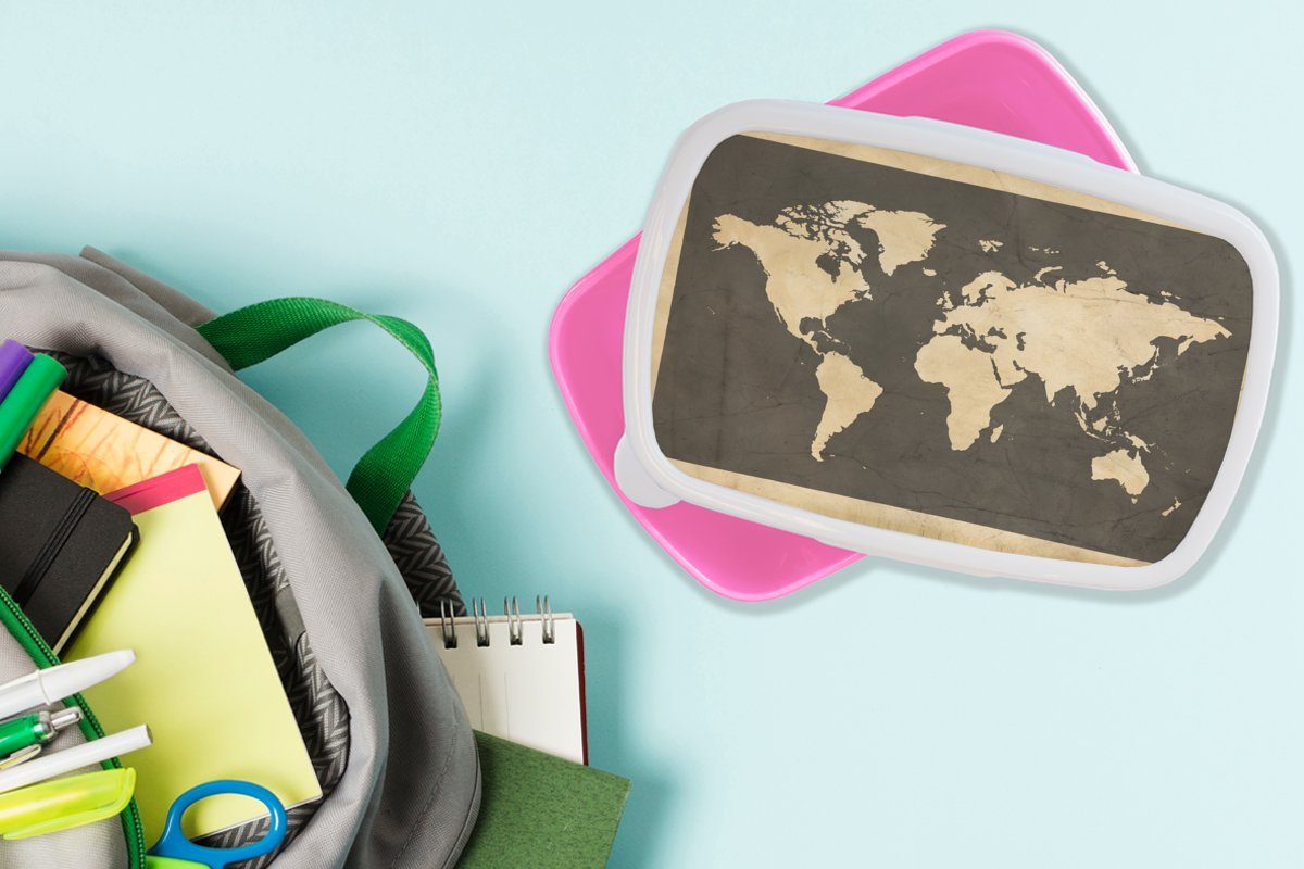 Vintage rosa Erwachsene, Snackbox, Kunststoff, Kinder, Brotdose (2-tlg), - Kunststoff Marmor, Weltkarte für MuchoWow Mädchen, Lunchbox - Brotbox