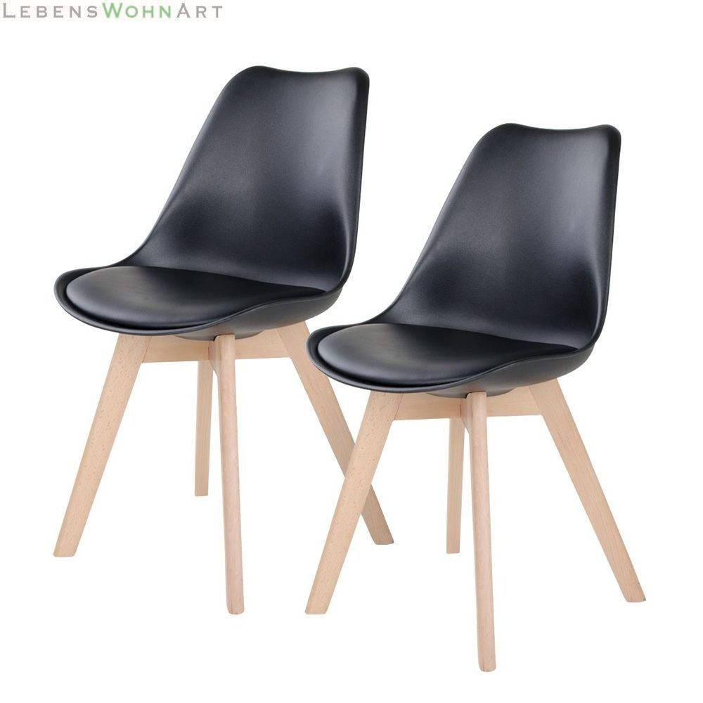 LebensWohnArt Stuhl Design Stuhl DELMO (2er Set) schwarz + Holzbeine