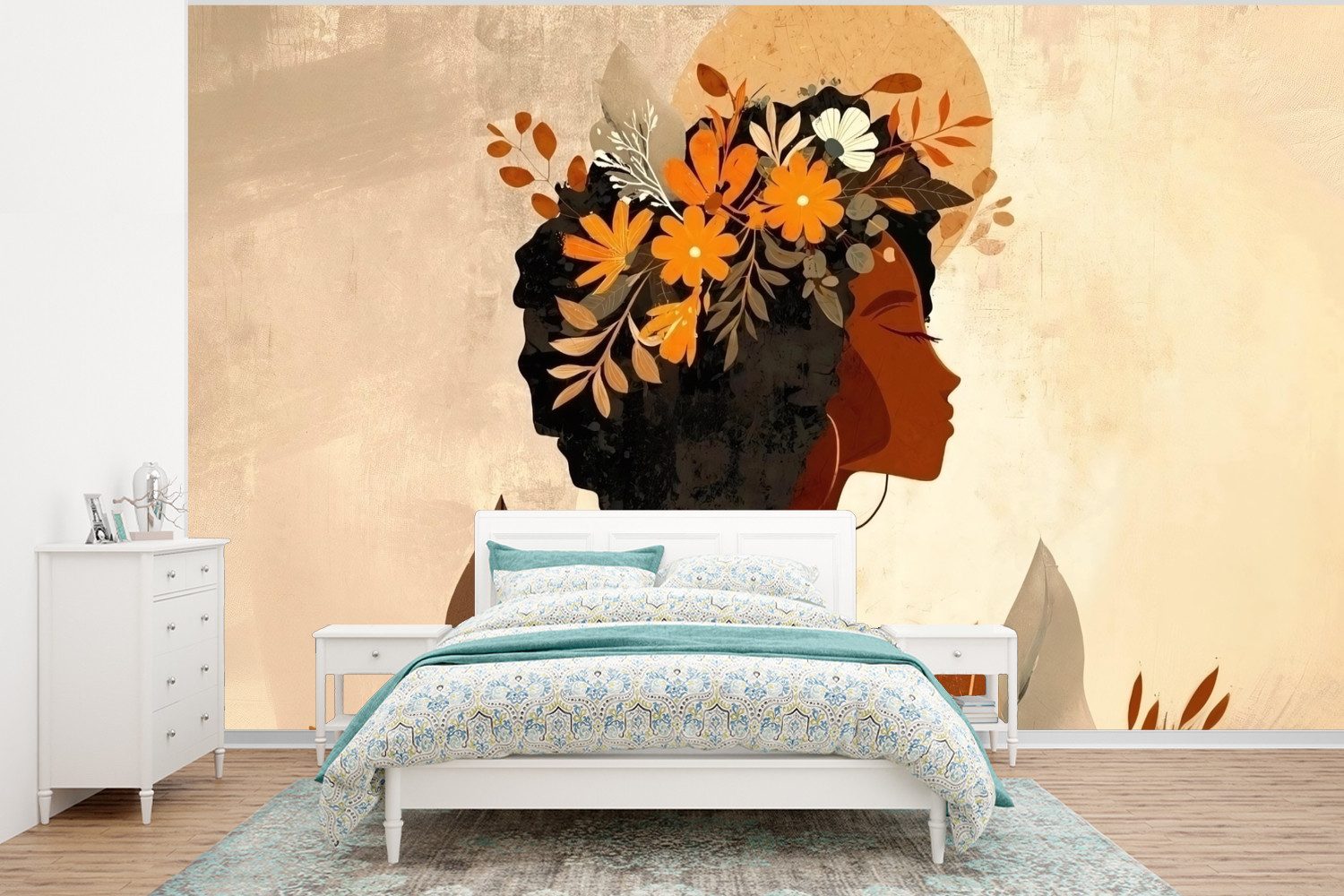MuchoWow Fototapete Frau - Locken - Blumen - Beige, Matt, bedruckt, Vliestapete für Wohnzimmer Schlafzimmer Küche, Fototapete, 350x260 cm