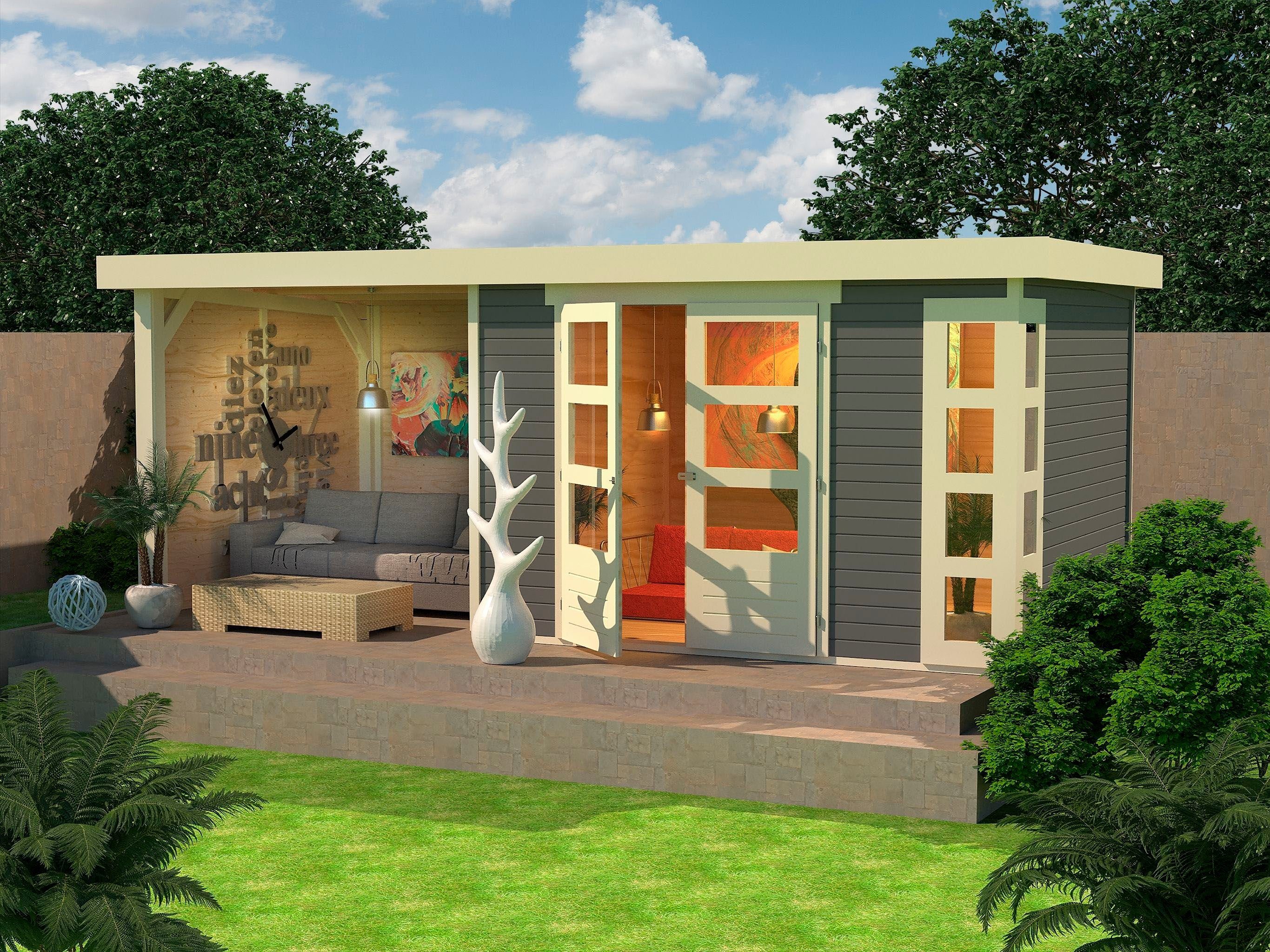 Karibu Gartenhaus Kerko 5, BxT: 554x262 cm, mit Anbaudach, Seiten- und Rückwand terragrau | Gartenhäuser