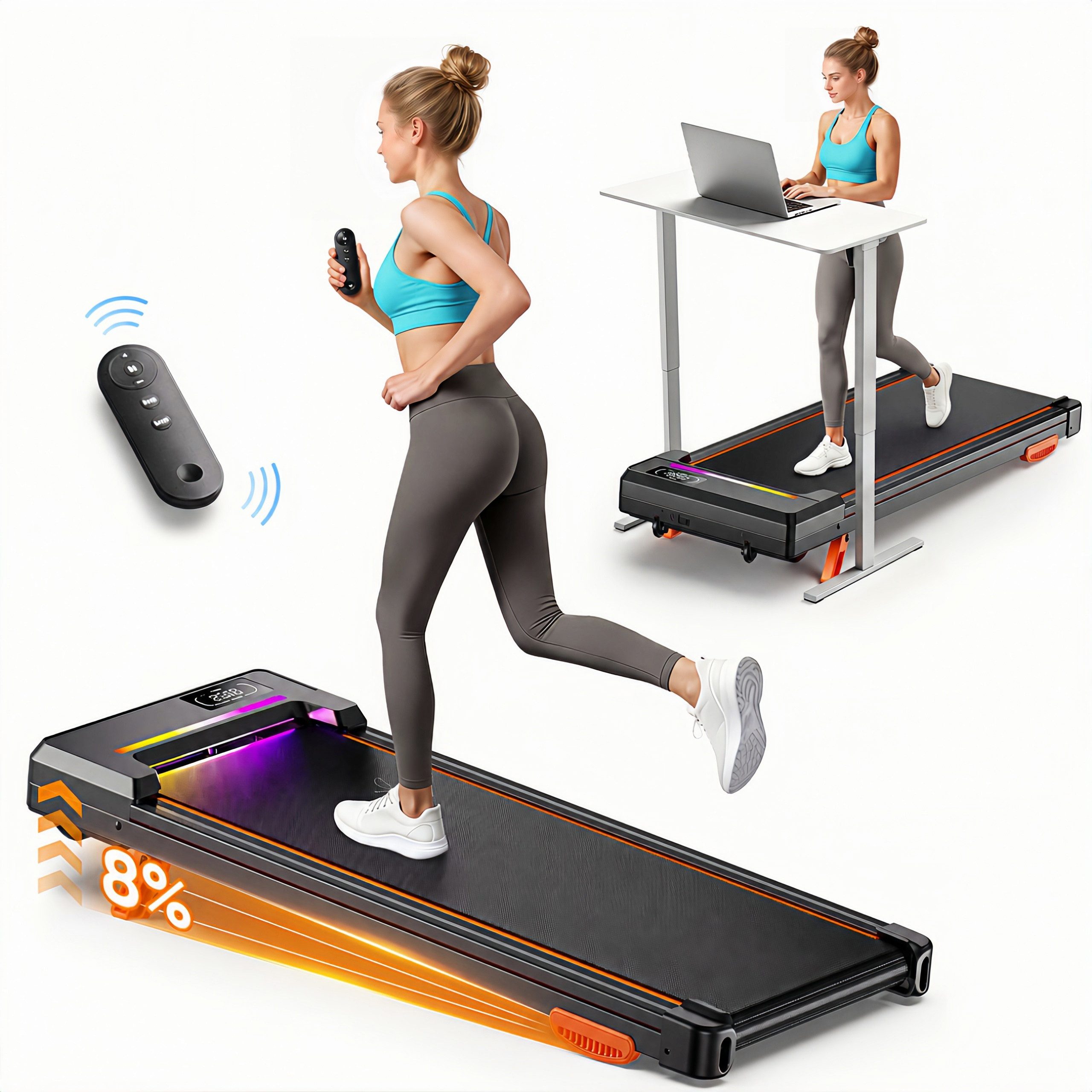 GIDGIMO Laufband FlexRun 3-in-1 Laufband mit 8 % Steigung, 1–8 km/h, 2,5 HP, Walking Pad, LED-Display & Fernbedienung, bis 135kg,für Zuhause & Büro