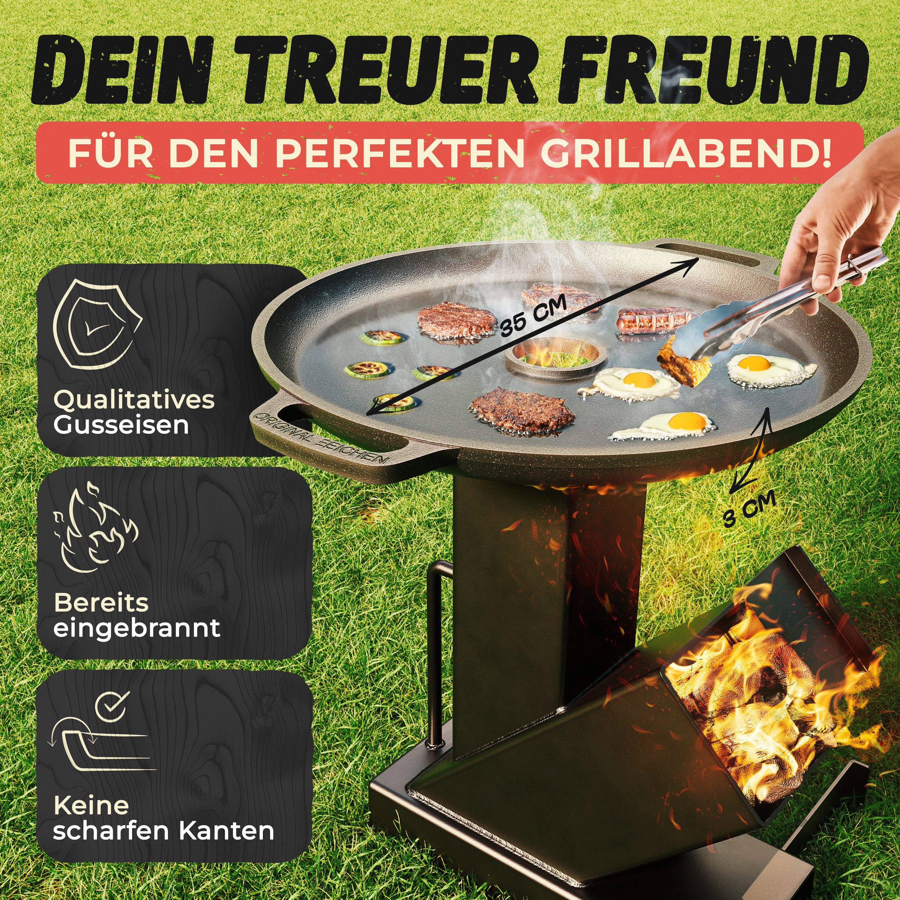 Drei Eichen Grillplatte Feuerplatte aus Gusseisen mit Tropfschutz. Ø35cm. Plancha Raketenofen (Stück, 1x Plancha Grillplatte aus Gusseisen Ø 35 cm, Stärke 5 mm  – Bild 2 von 5