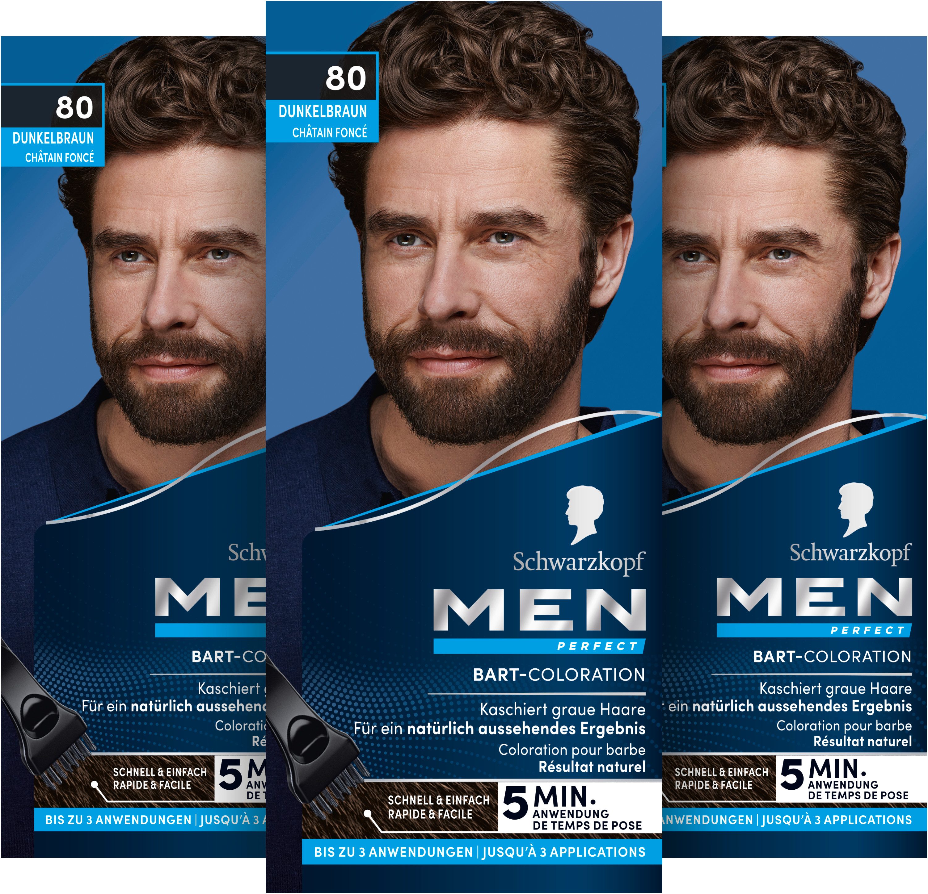Schwarzkopf Bartfarbe Men Perfect 80 Dunkelbraun 3x 30ml, Vorratspack, 3-tlg., Schnelles Kaschieren grauer Haare, für ein natürlich aussehendes Ergebnis