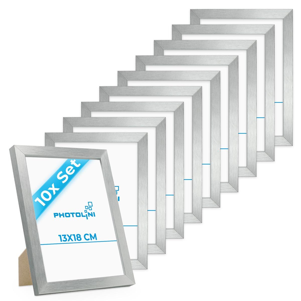 PHOTOLINI Bilderrahmen 10er Set modern mit bruchsicherem Acrylglas, Holz MDF, Fotos & Poster, für 10 Bilder (10er Set), Posterrahmen 13x18 cm Silber zum Aufhängen & Aufstellen