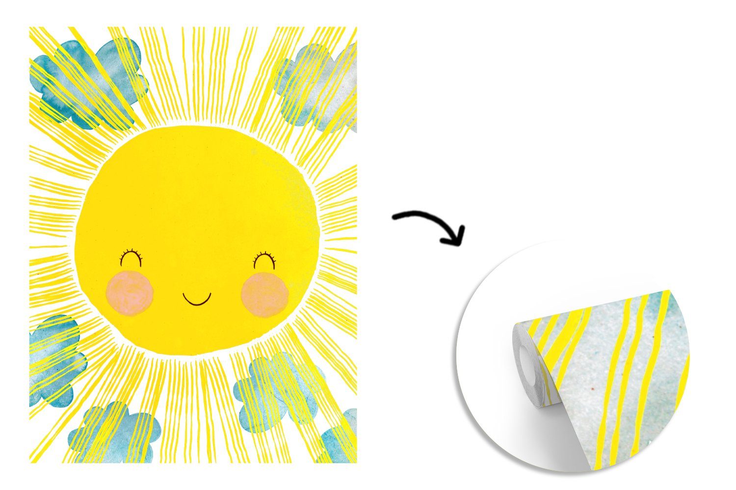MuchoWow Fototapete Sonne - Gelb Montagefertig für Matt, St), - Wohnzimmer, (4 Illustration, Vinyl Kinder bedruckt, Wandtapete - Tapete
