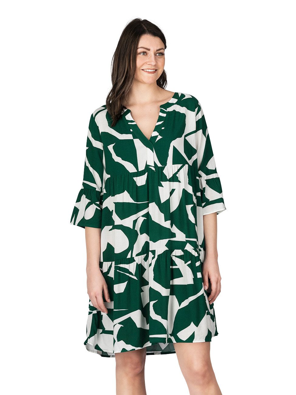 DENIMFY Zomerjurk dames knielange A-lijn DFFrida 3/4 mouwen strandjurk boho tuniek jurk zomer midi-jurk vrijetijdsjurk 100% viscose bruin roze blauw zwart groen grijs S-M M-L L-XL, Mille Fleurs Green