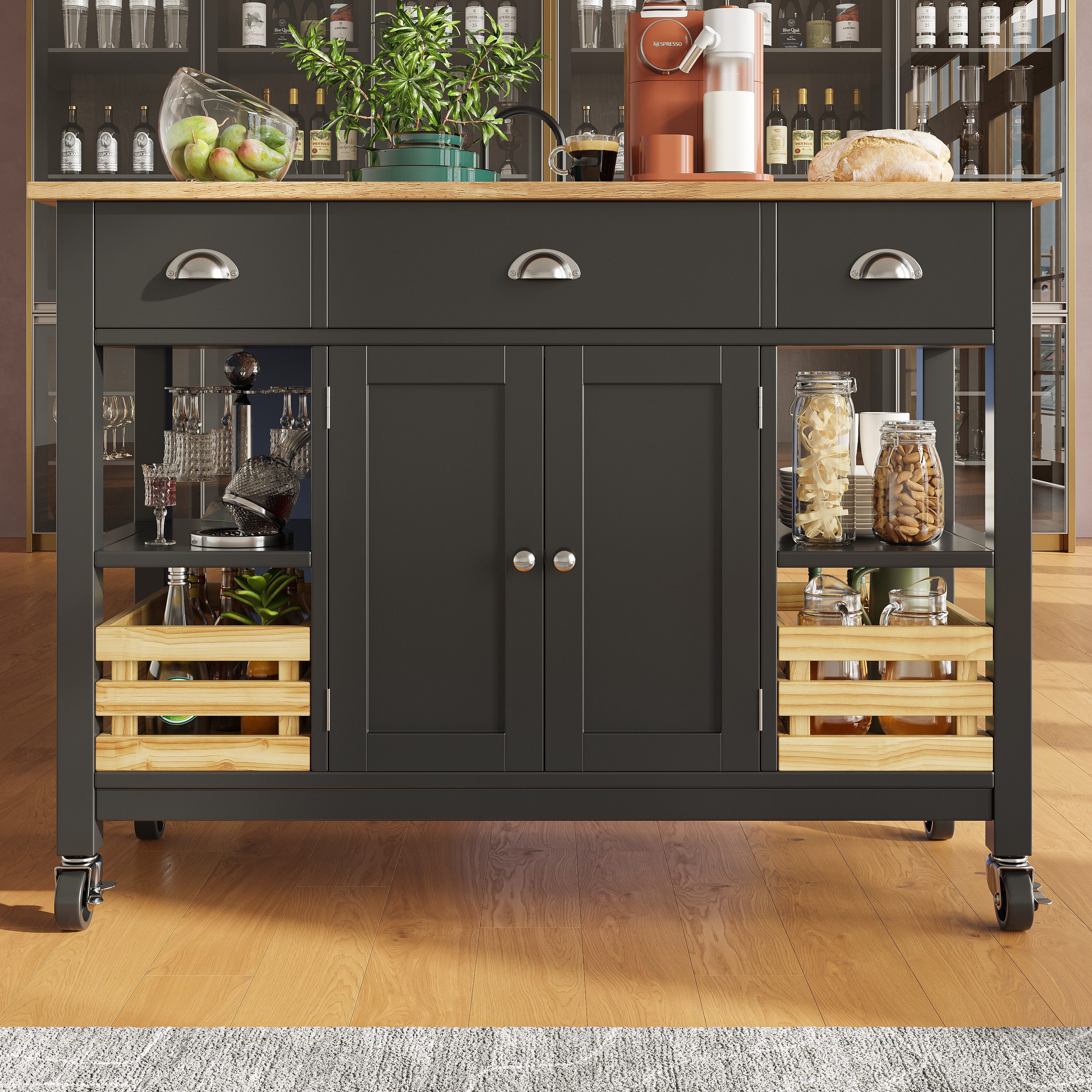 i@home Kücheninsel Küchenschrank, Essschrank, Esszimmerwage,360 Grad drehbare Räder, (Bis 60 kg belastbar, 2 Schiebetüren und 2 Schubladen,120×45×90cm), Multifunktions-Esstisch mit Kiefernkorb Aufbewahrungskorb, schwarz