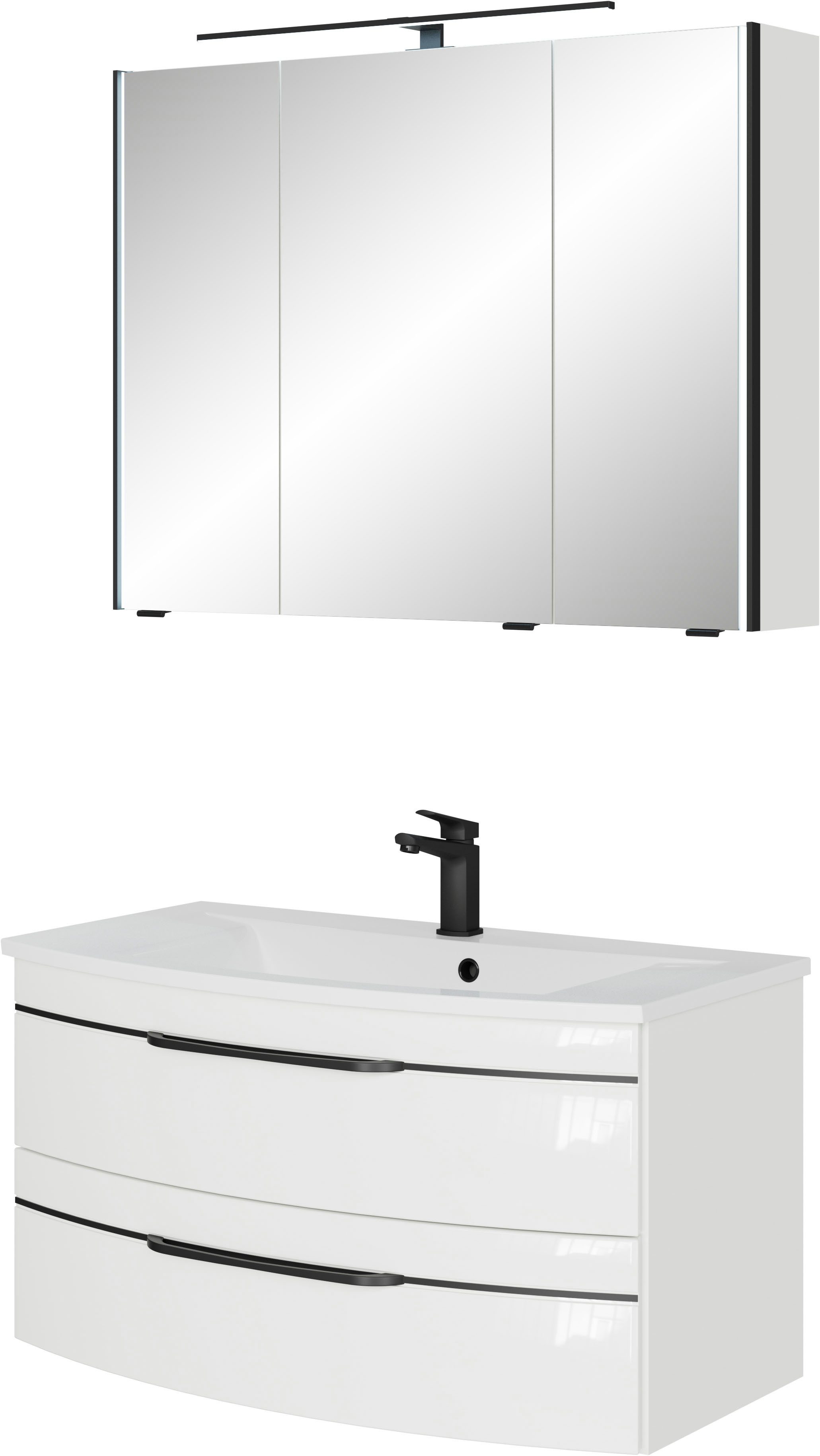 Saphir Badmöbel-Set Serie 7045 2-teilig Mineralmarmor-Waschtisch mit LED-Spiegelschrank, (Set, 2-St), Badezimmer-Set 93,2 cm breit, inkl. Türdämpfer, 3 Türen, 2 Schubladen