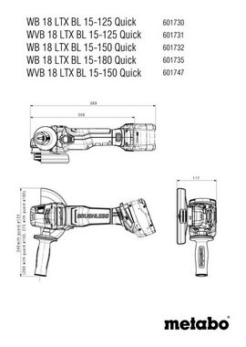 metabo Akku-Winkelschleifer WVB 18 LTX BL 15-150 Quick, max. 10000 U/min, Akku-Winkelschleifer Ohne Akku in metaBox 165 L