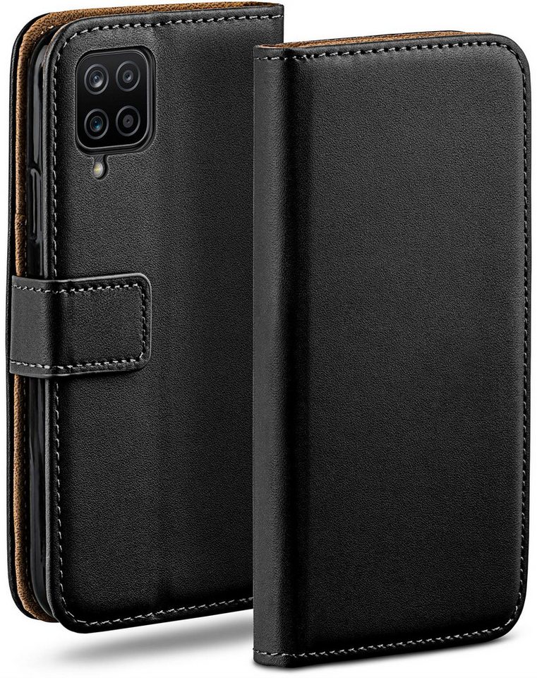 moex Handyhülle für Samsung Galaxy A12 Hülle Klappbar Book Case Schwarz 6,5 Zoll, Klapphülle Kartenfach Flip Cover Handytasche Leder Optik Schutzhülle