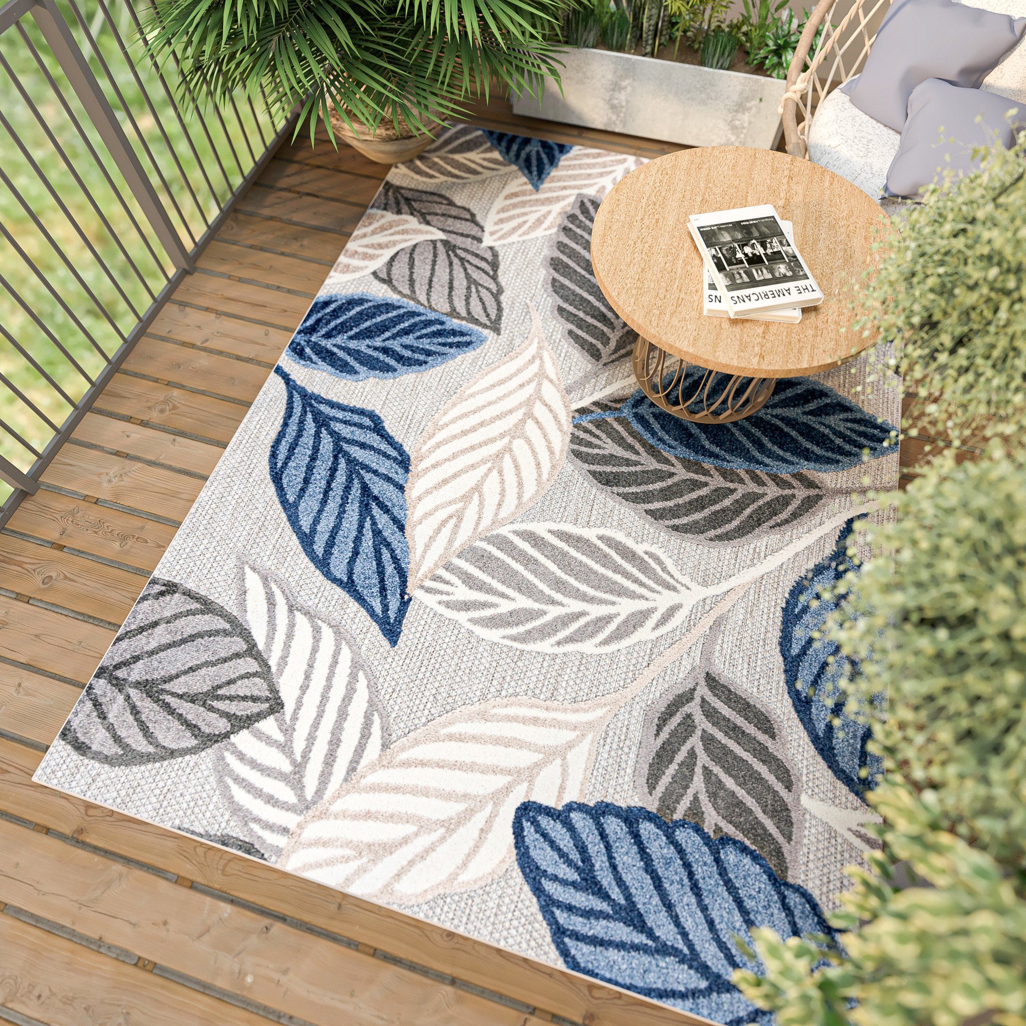 Mazovia Designteppich In- & Outdoor Teppich Wetterfest & UV-beständig Balkon - Blau Grau, 80 x 150 cm, Höhe 6 mm, Kurzflor, Weich, Pflegeleicht, Flachgewebe