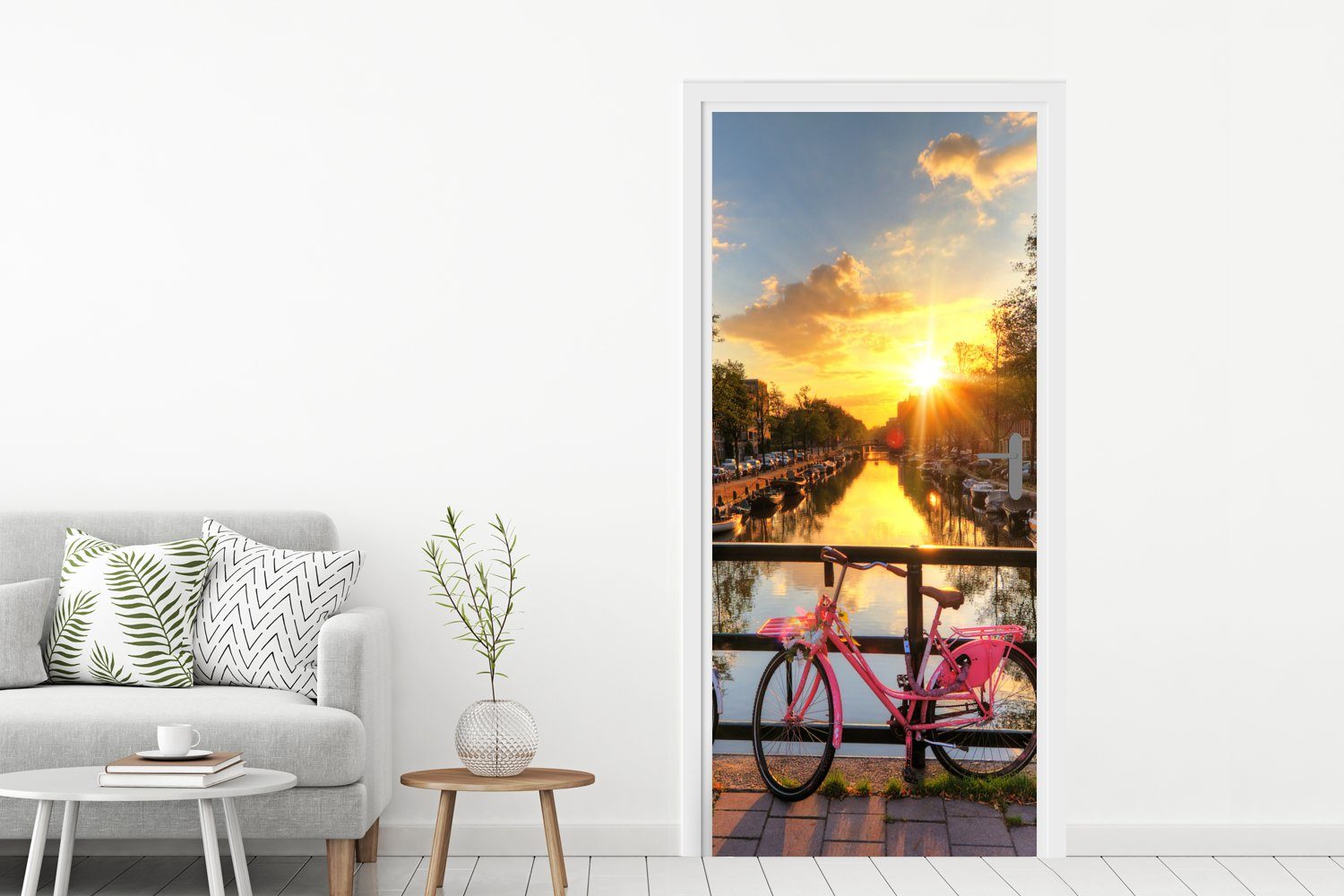 Fahrrad - Sonnenuntergang, Matt, - - (1 Brücke Türaufkleber, St), für cm 75x205 bedruckt, Amsterdam MuchoWow Türtapete Tür, - Fototapete Blumen