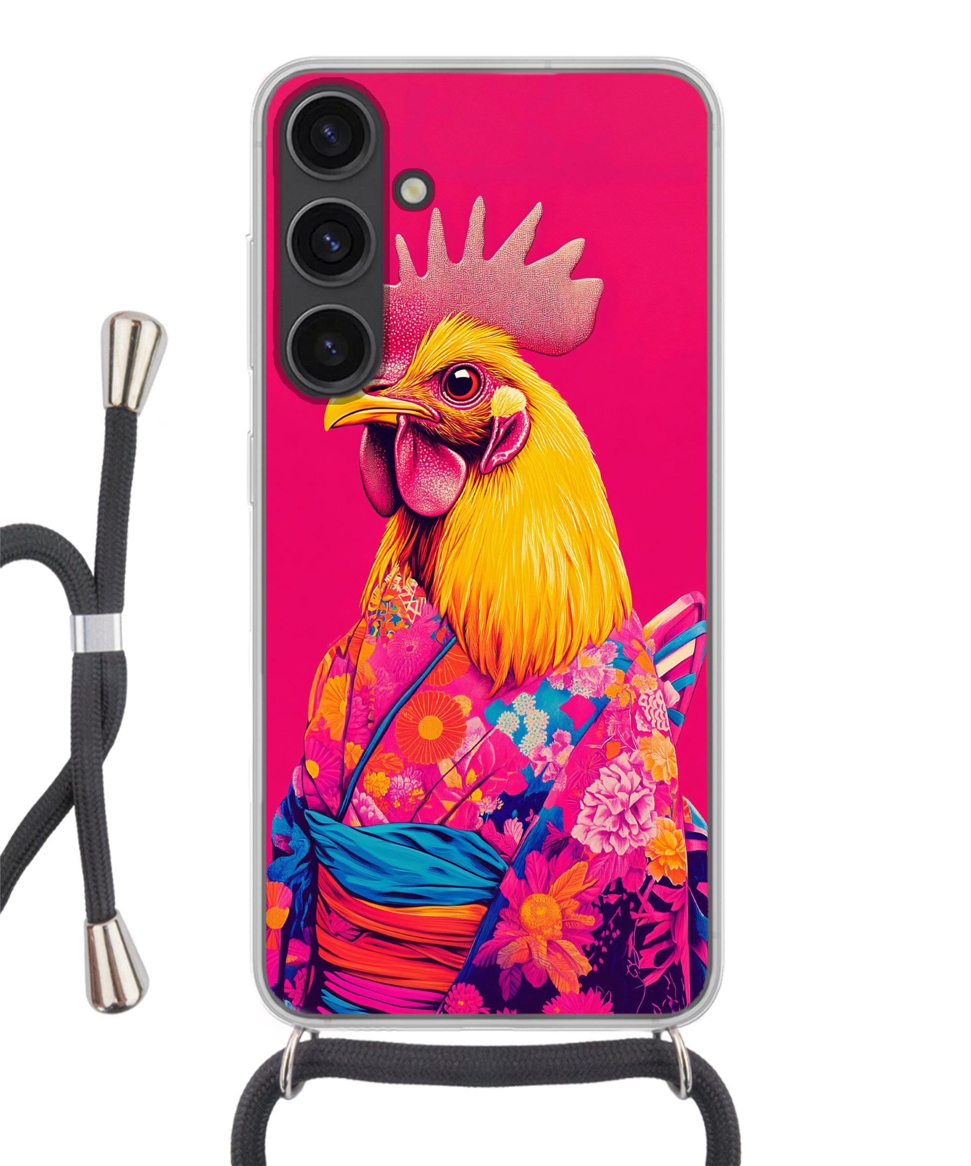 MuchoWow Handyhülle für Samsung Galaxy S24 Plus Hahn - Bunt - Kimono - Rosa, Tragbare Handyhüllen mit Kette zum umhängen, Handykette Handyband