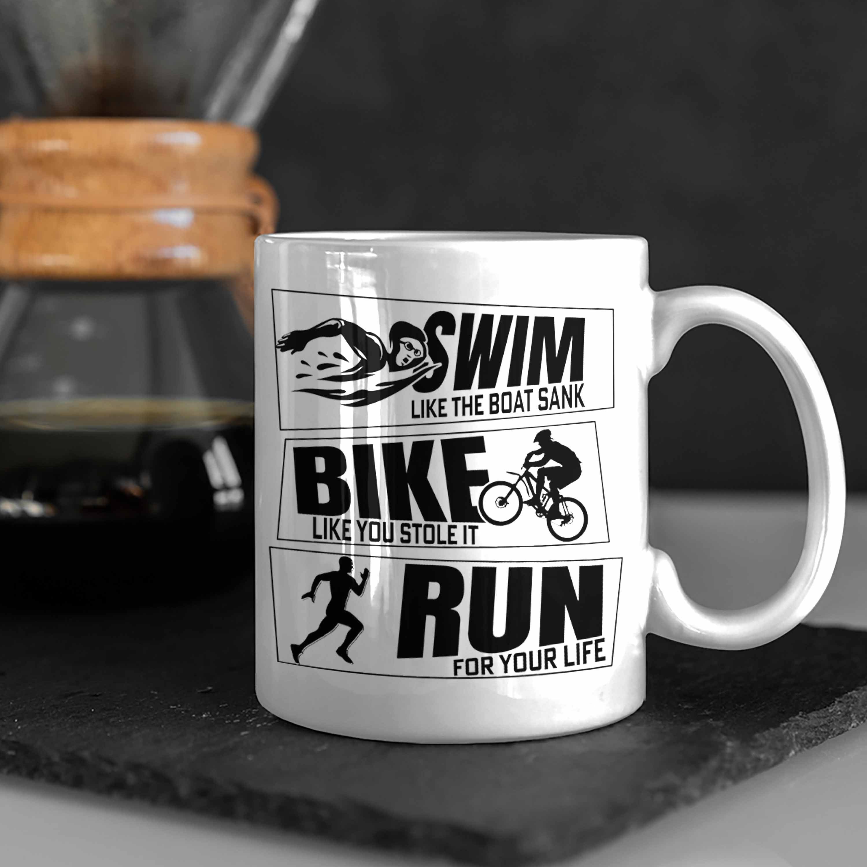 Weiss Geschenk Bike Swim Triathlon Sportl Geschenkidee Tasse Trendation Run Spruch Tasse für