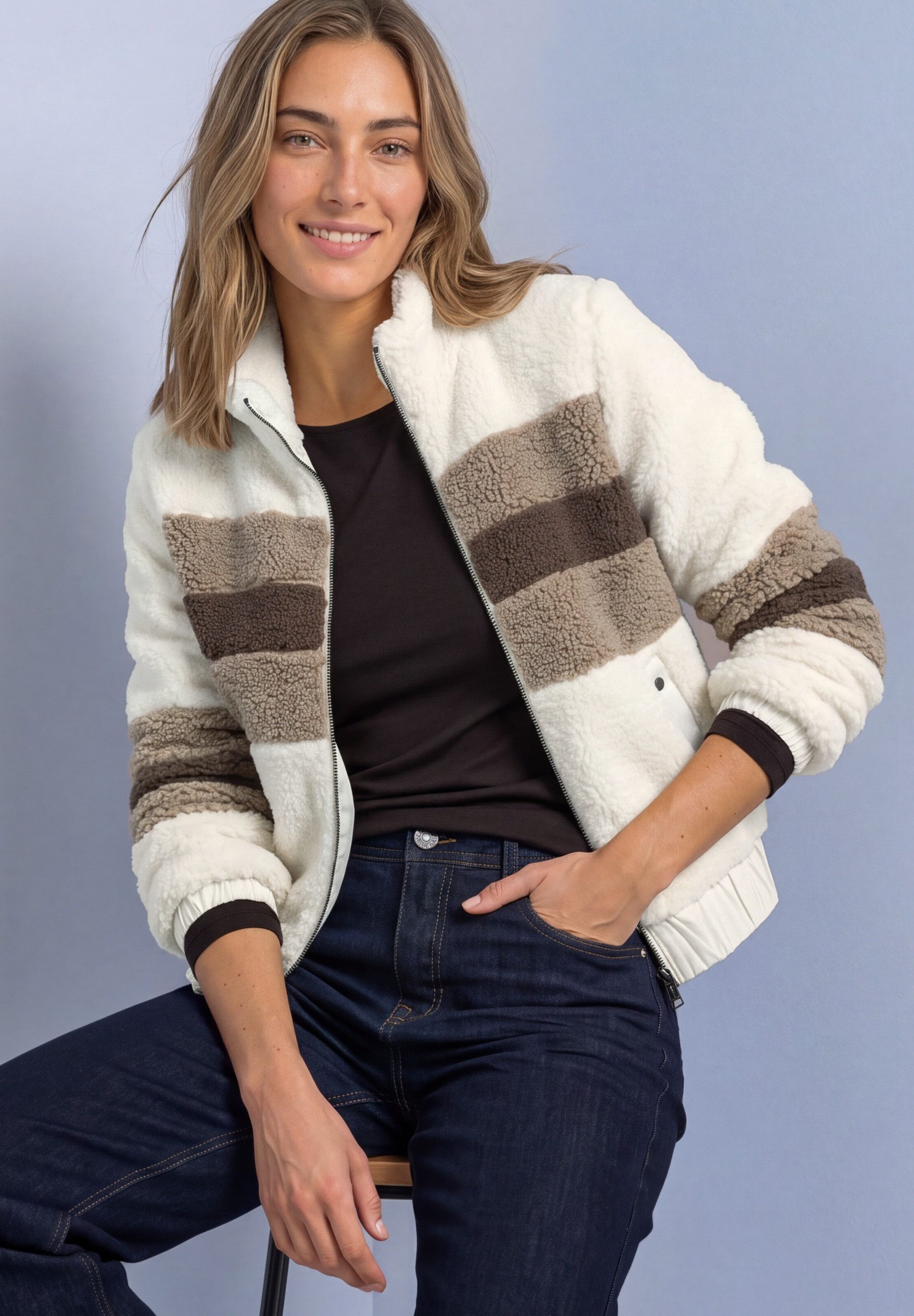 STREET ONE Plüschjacke Teddy-Jacke im Colorblock-Look