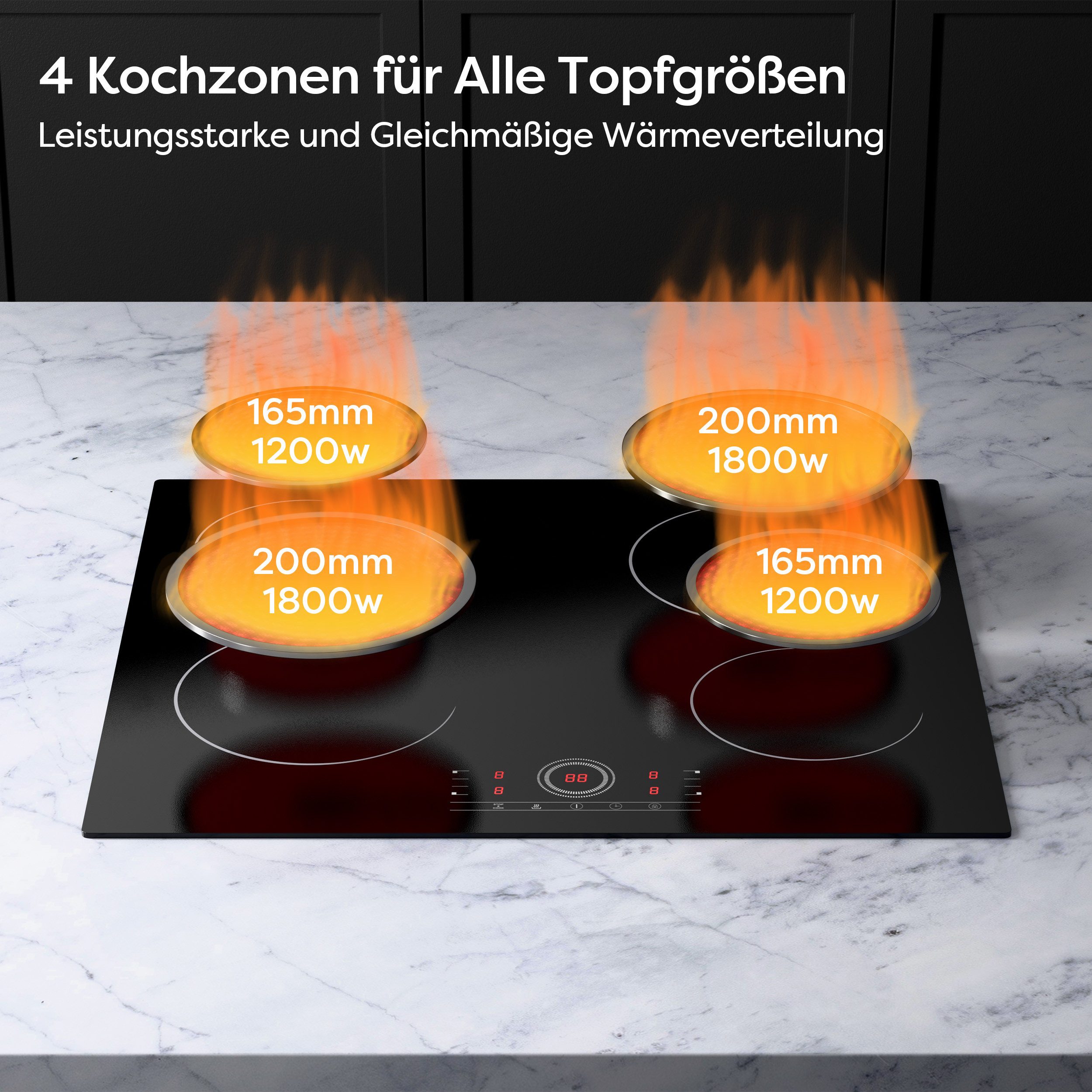 CDV Elektro-Kochfeld 60 cm Glaskeramikkochfeld Cerankochfeld 4 Zonen Überlaufschutz CDVER604, Einbau Ceran-Kochfeld 9 Stufen mit Timer 6000 W Touch Control – Bild 5 von 5