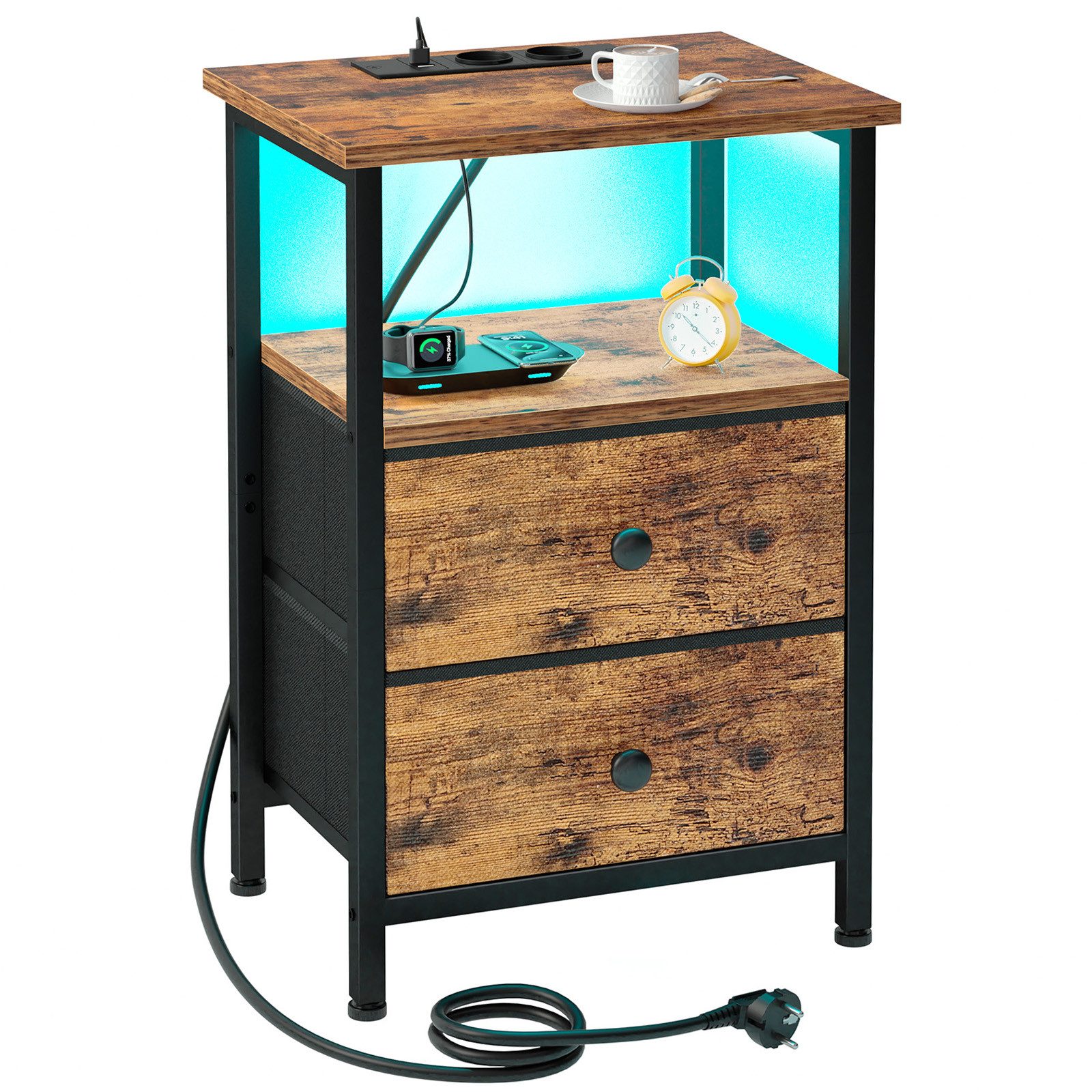 AMHANCIBLE Nachttisch mit LED-Lichtleiste und 2 USB-Anschlüssen, 40 x 30 x 60cm (1-St), Kompakter Beistelltisch mit 2 Schubladen für Schlafzimmer & Wohnzimmer