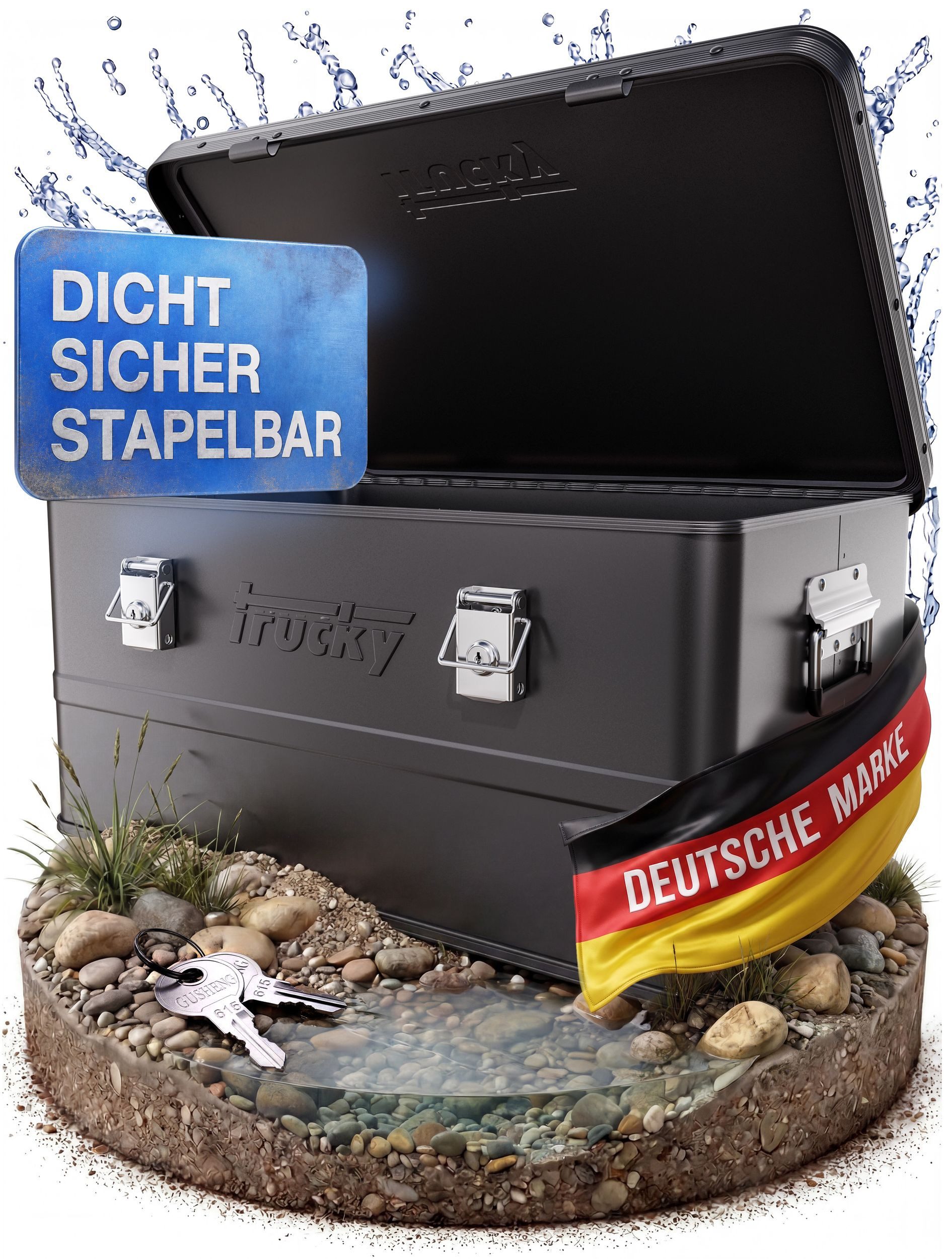 Trucky Allzweckkiste Aluminium Box mit Deckel Schwarz Alukiste 65 Liter Abschließbar