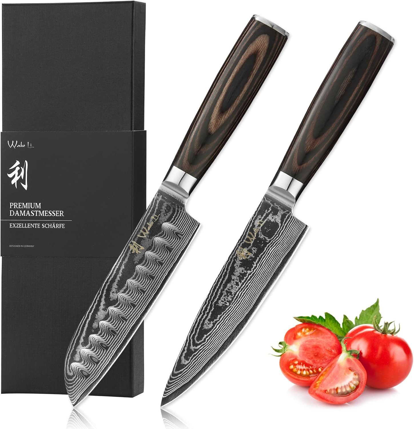 Wakoli Messer-Set EDIB Essentials 2er Damastmesser-Set I Küchenmesser I 12/13cm Klingen (Damastmesser mit Geschenkbox, 2-tlg., 2er Damastmesser-Set), VG10 Kern, 67 Lagen Damaststahl, Pakkaholzgriff