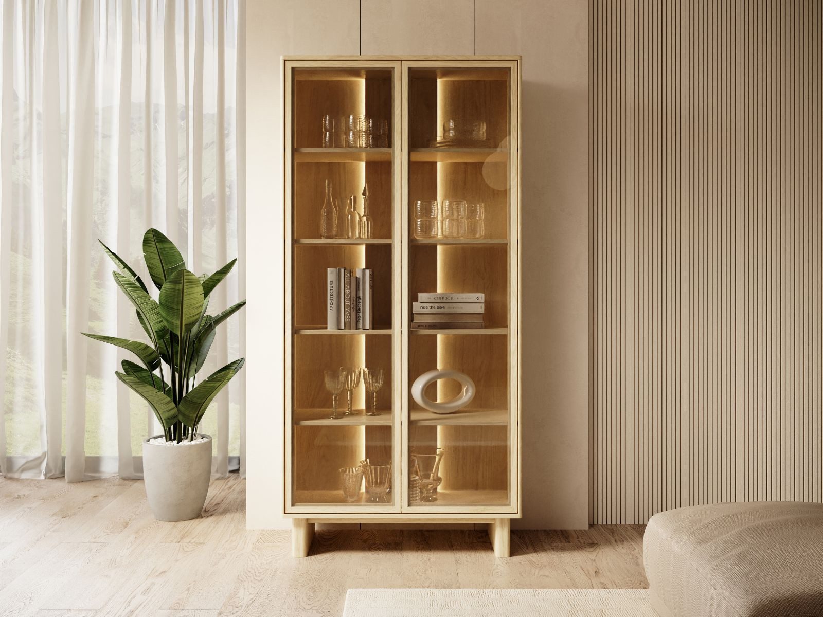 Compleo Standvitrine Holzstruktur, Natur und skandinavisches Design, 2 Türen mit LED Beleuchtung