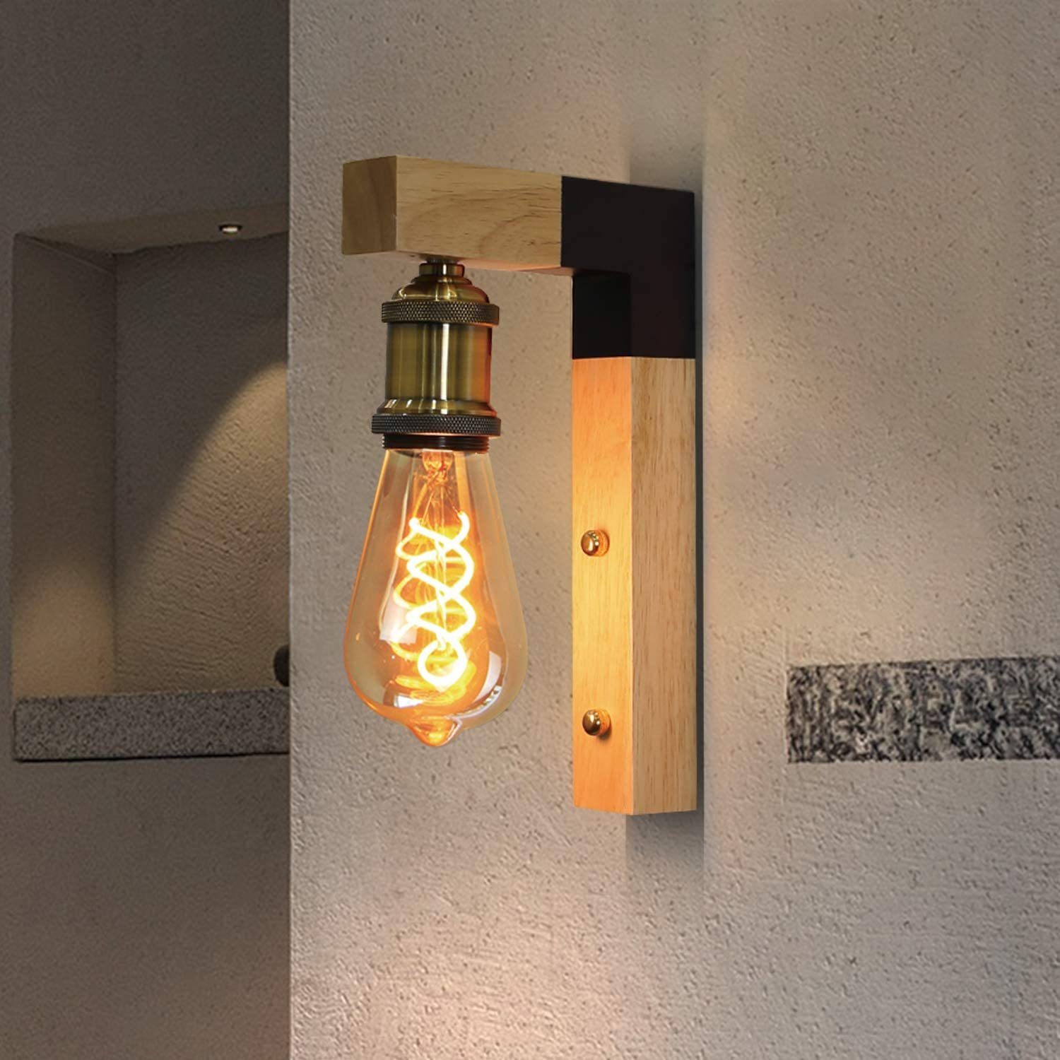 Wandleuchte Retro Vintage Holz Wandlampe Industrielampe innen Laterne Licht E27 