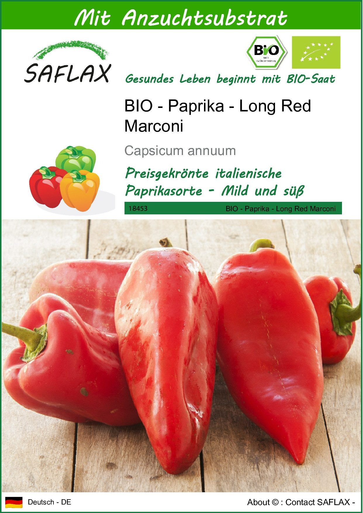 Gemüsesamen SAFLAX - Samen und Substrat - BIO - Paprika - Long Red Marconi