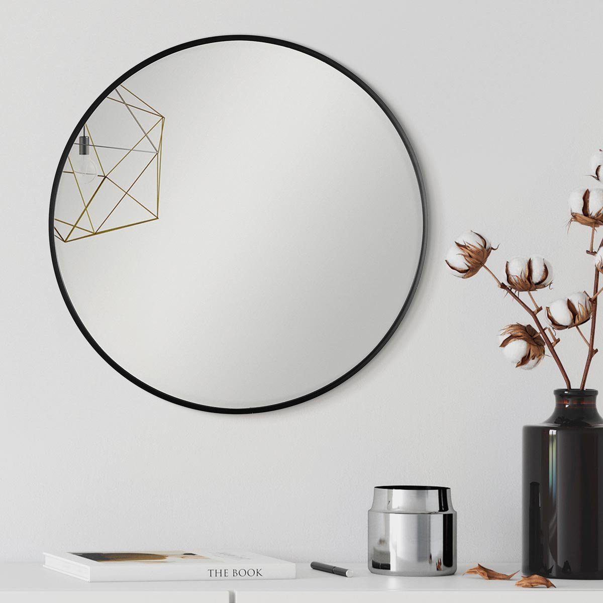 PHOTOLINI Spiegel eleganter Schwarz schmaler Rahmen Wandspiegel, rund mit Metallrahmen,