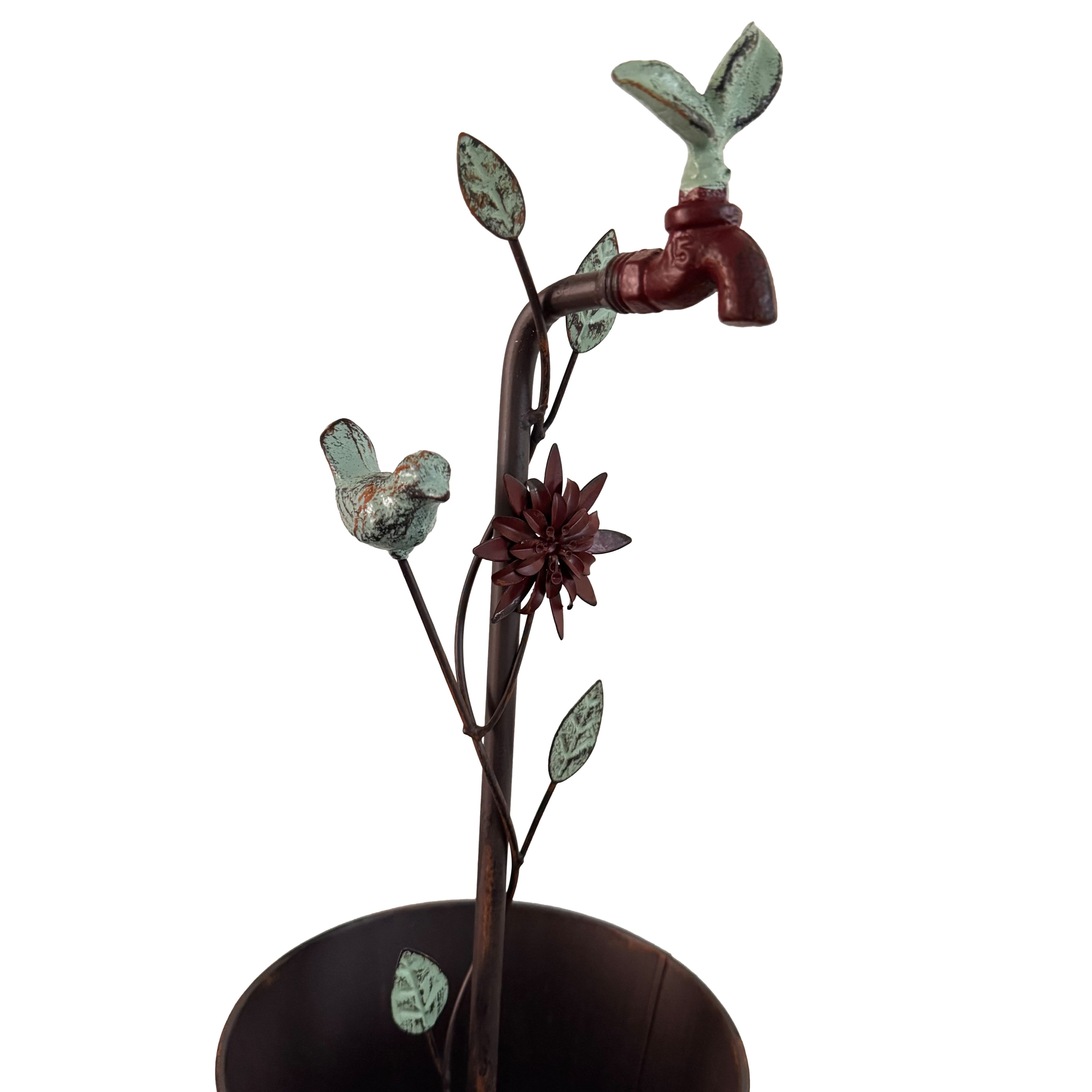 Online-Fuchs Gartenstecker Wasserhahn mit Blumentopf aus Metall zum Bepflanzen - Gartendeko (112 cm groß, Vintage Look) Beetstecker zur Dekoration im Garten oder auf der Terrasse