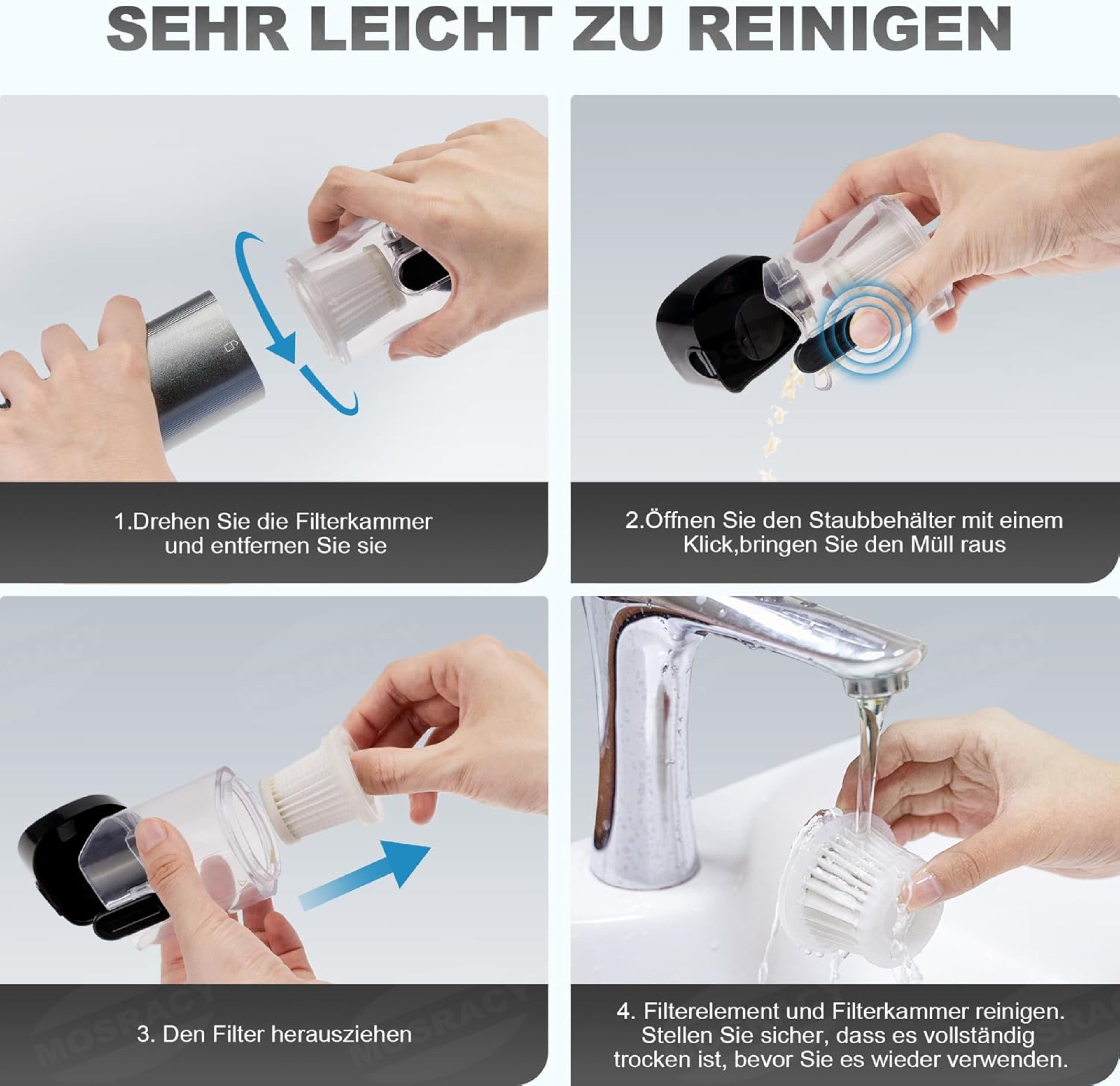 LA CUTE Akku-Handstaubsauger Akku Handstaubsauger Tierhaare Auto Mini Sauger Filter USB 4in1, 120 W, Abnehmbarer, transparenter Staubbehälter mit Drehverschluss zur einfachen Entleerung, Kabellos, leicht, 4-in-1 Funktion, 13000Pa Saugleistung, USB-C