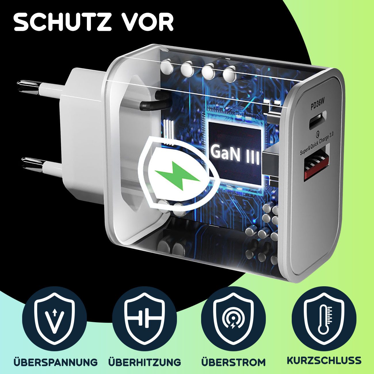 shop'n smile ideoon Dual 36W USB Ladegerät Schnellladegerät USB-C & USB-A GaN III Smartphone-Ladegerät (1-tlg., 1er/2er/3er-Set, USB-Ladestecker/GaN III Technologie & USB-C PD Schnelllader)