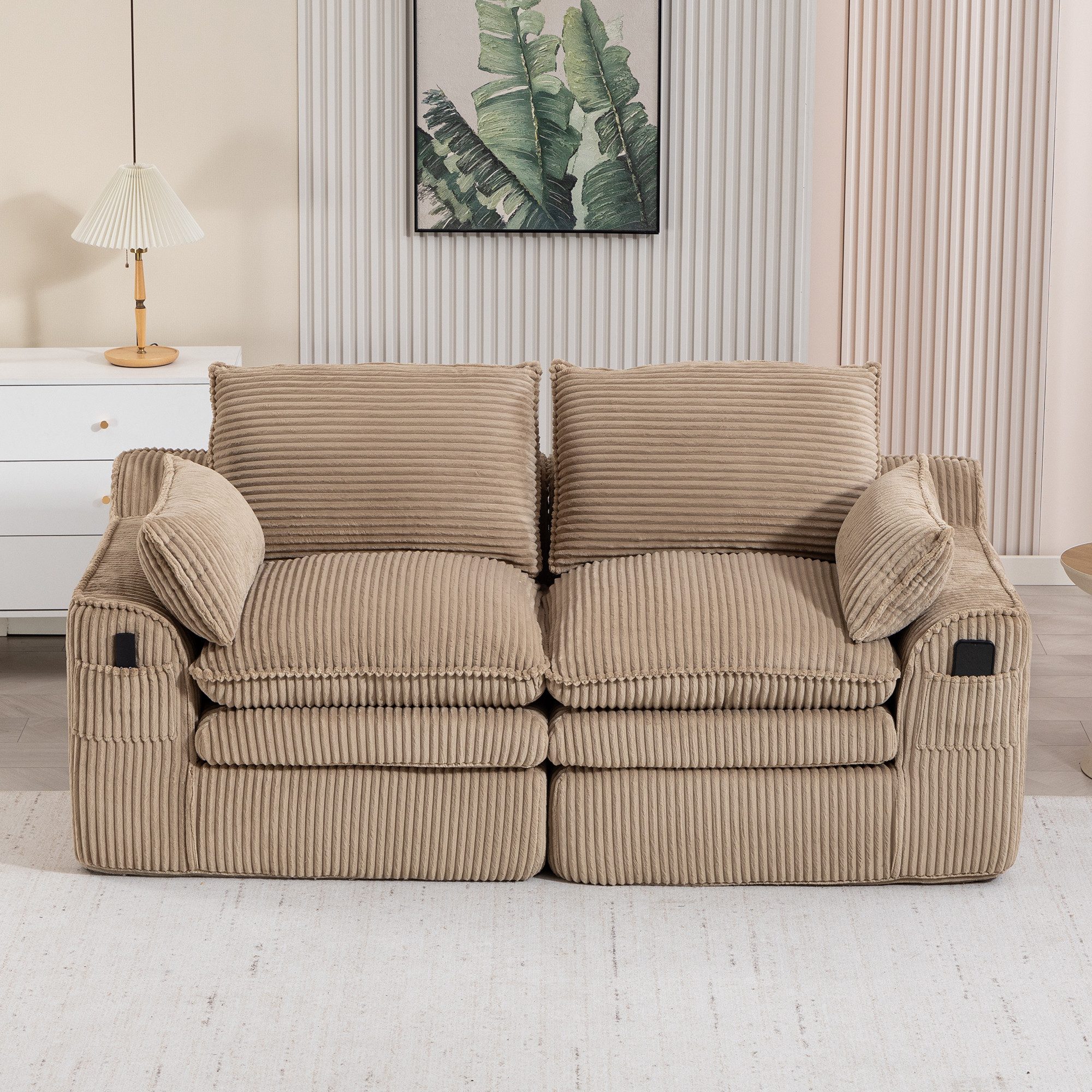 HAUSS SPOLE Loungesofa aus Cordstoff,2-Sitzer Polstersofa Relaxsofa mit Seitentaschen,Khaki, Schwammstruktur mit integriertem Federkern, Frei kombinierbar – für Wohnzimmer, Büro & mehr