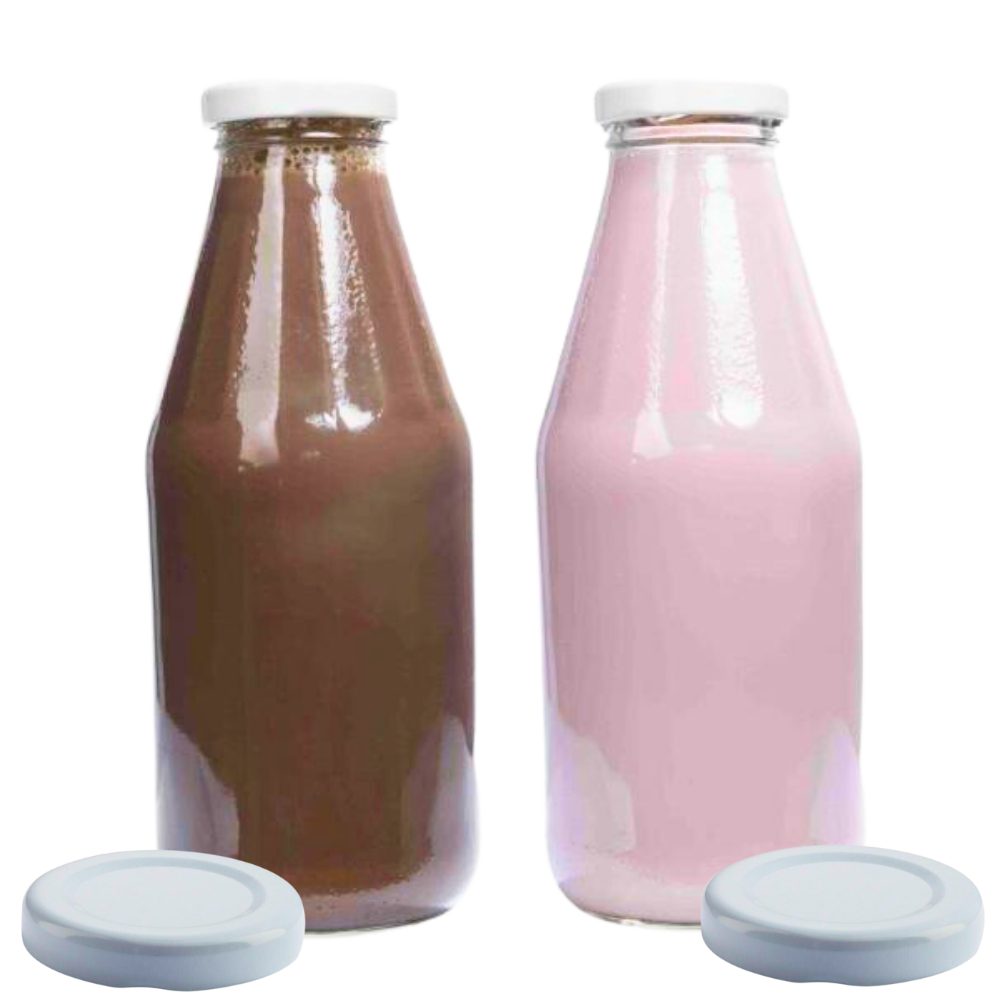 mikken Trinkflasche 2er Set Milchflasche 500 ml mit Schraubdeckel plus 2 Erssatzdeckel, Fassungsvermögen: 0,5 Liter