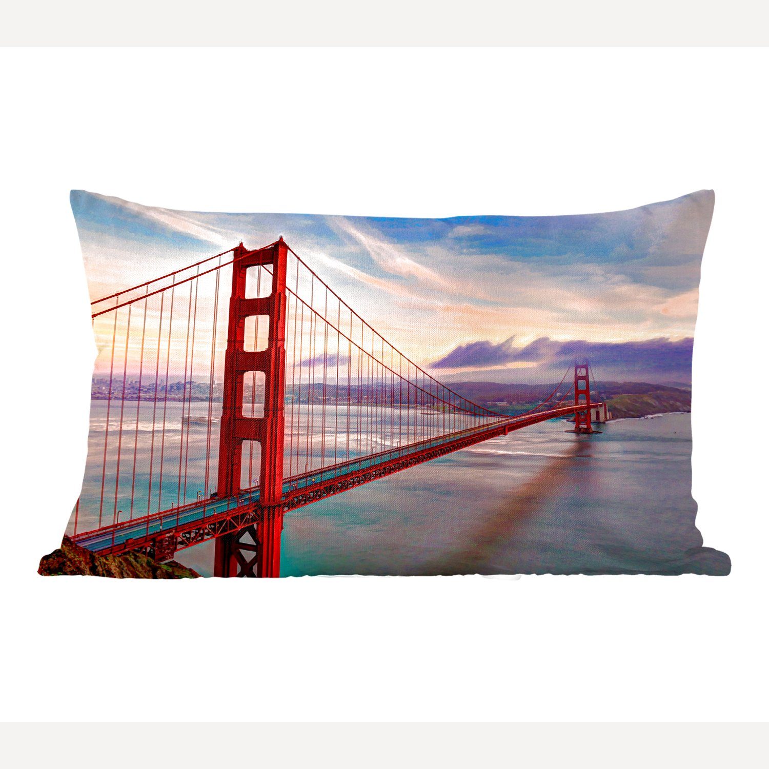 MuchoWow Dekokissen Farbenfroher Sonnenuntergang über der Golden Gate Bridge in San, Wohzimmer Dekoration, Zierkissen, Dekokissen mit Füllung, Schlafzimmer