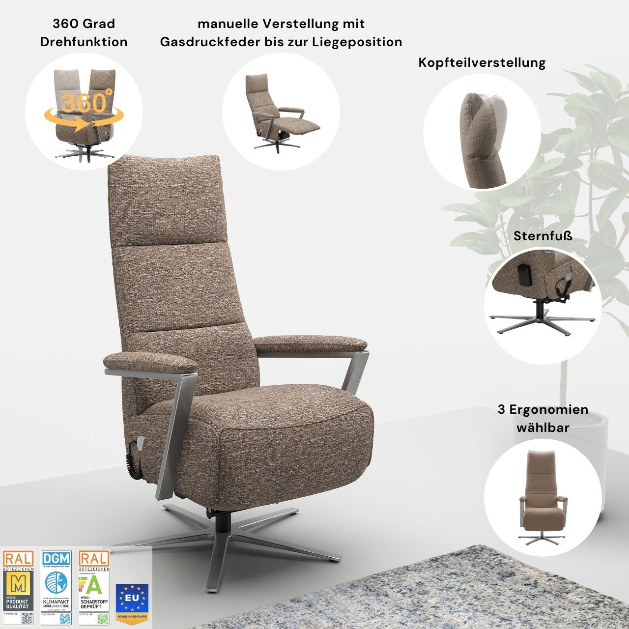 sit&more TV-Sessel Vario Comfort, inkl. Kopfteilverstellung & 360° Drehfunktion, mit Gasdruck, Höhe der Armlehnen 62cm