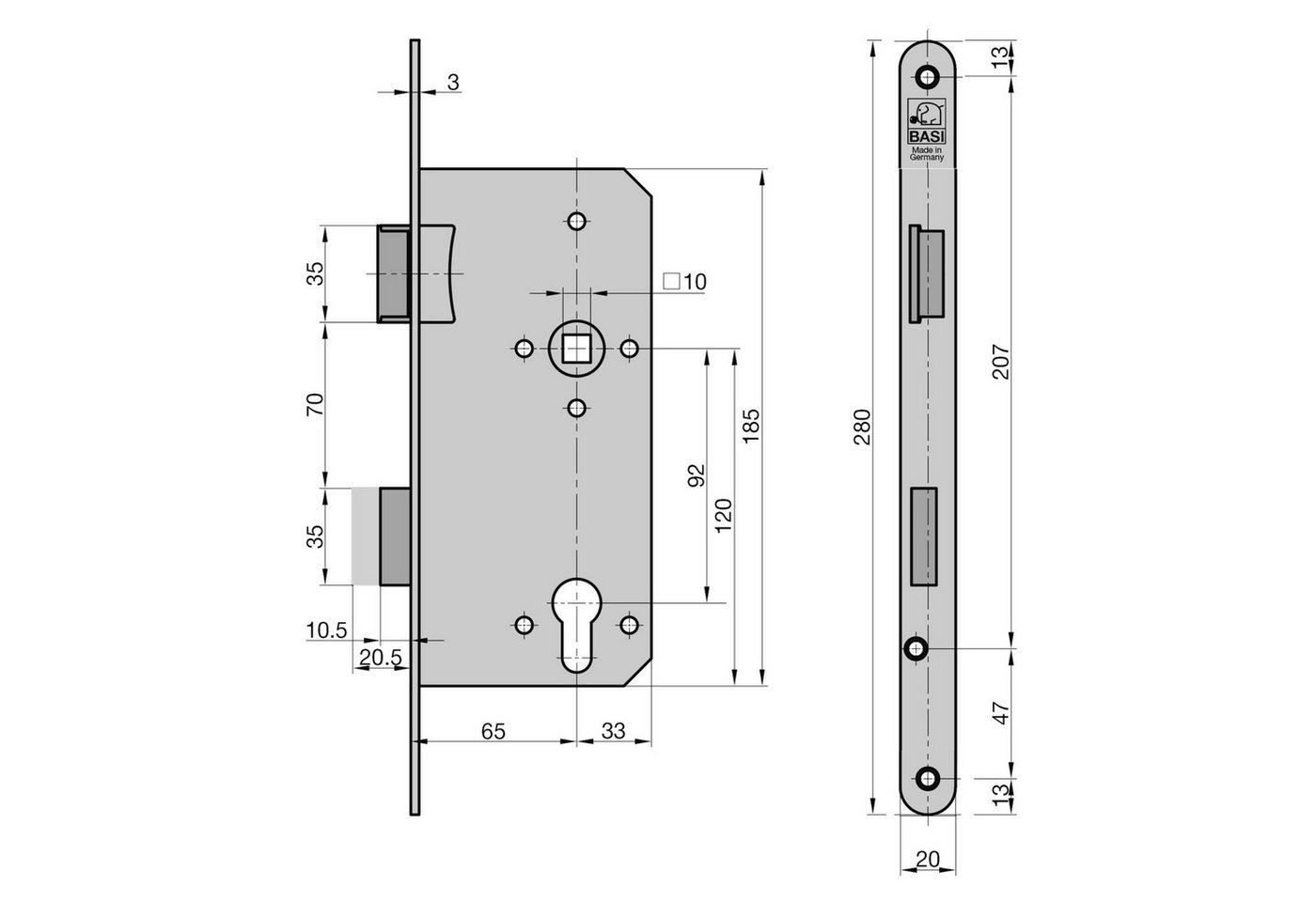 Thumbnail - BASI Einsteckschloss Haustürschloss PZ-Lochung 92/10 mm, Dornmaß 65 mm, Packung, DIN Links, Stulp 280x20 mm, rund, Dorn ...
