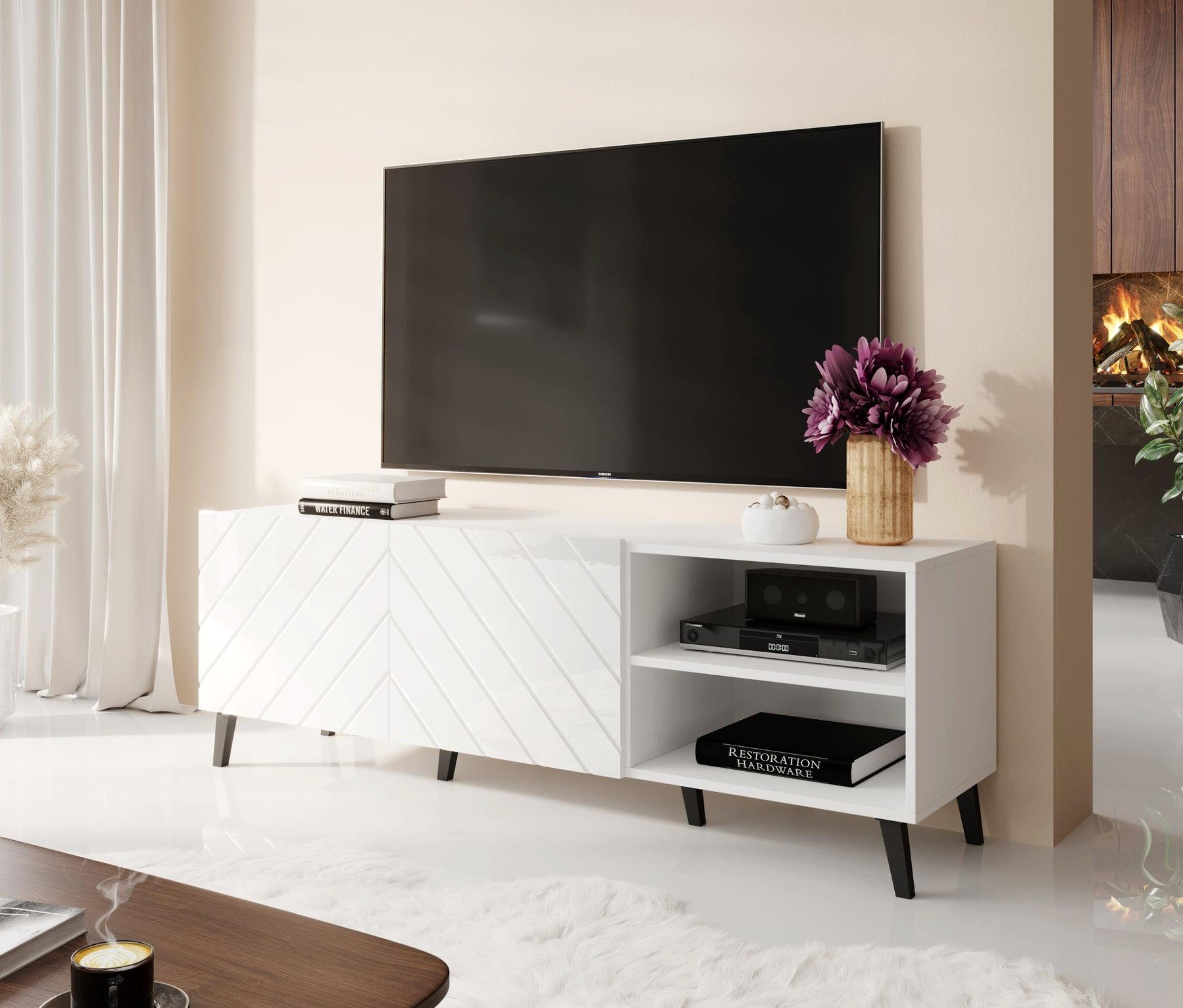 x Ziertüren bzw. Glanz cm H52 mit Weiß TV-Schrank Lowboard ODELIA Fernsehschrank 200 150 x T41,6 Furnix Auswahl B150