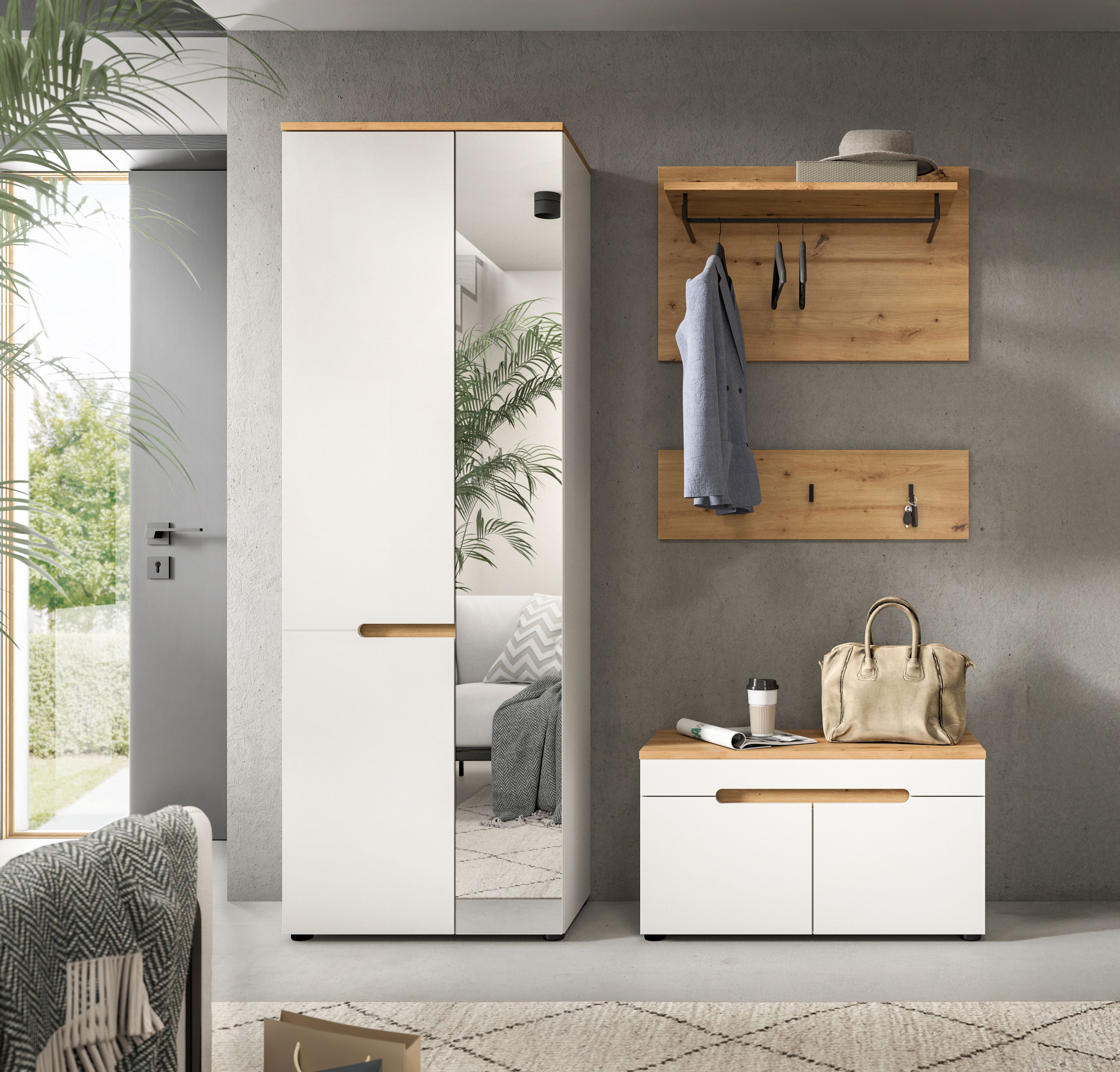 Home affaire Garderoben-Set REHAT, TOPSELLER!, 4-teilig, Breite 160cm, individuell stellbar, (Set, 3-St., bestehend aus: Garderobenschrank, Sitzbank, Paneel, Hakenleiste), Garderobenkombination, Kombination, Set, Flurgarderobe, Diele