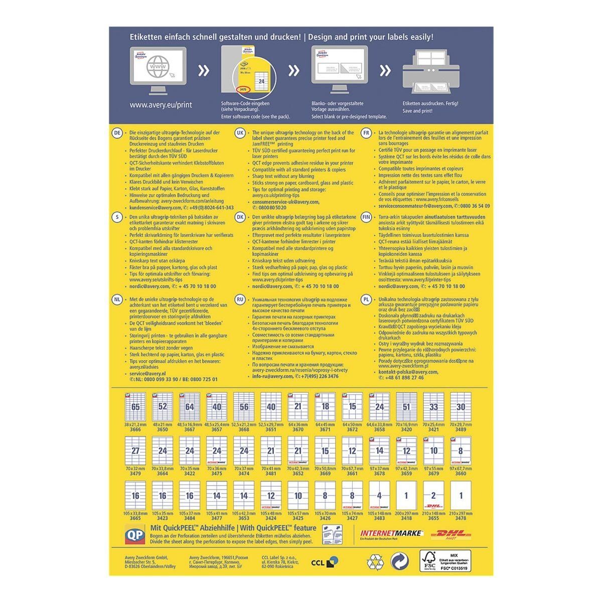 Avery Zweckform Etiketten 3474, 2400 Stück, Adresse universal (70 x 37 mm), selbstklebend