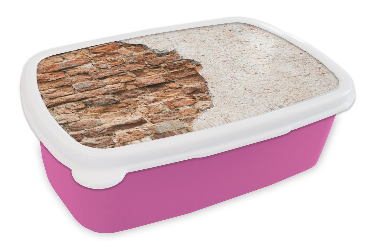 MuchoWow Lunchbox Gips - Wand - Ziegel, Kunststoff, (2-tlg), Brotbox für Erwachsene, Brotdose Kinder, Snackbox, Mädchen, Kunststoff rosa